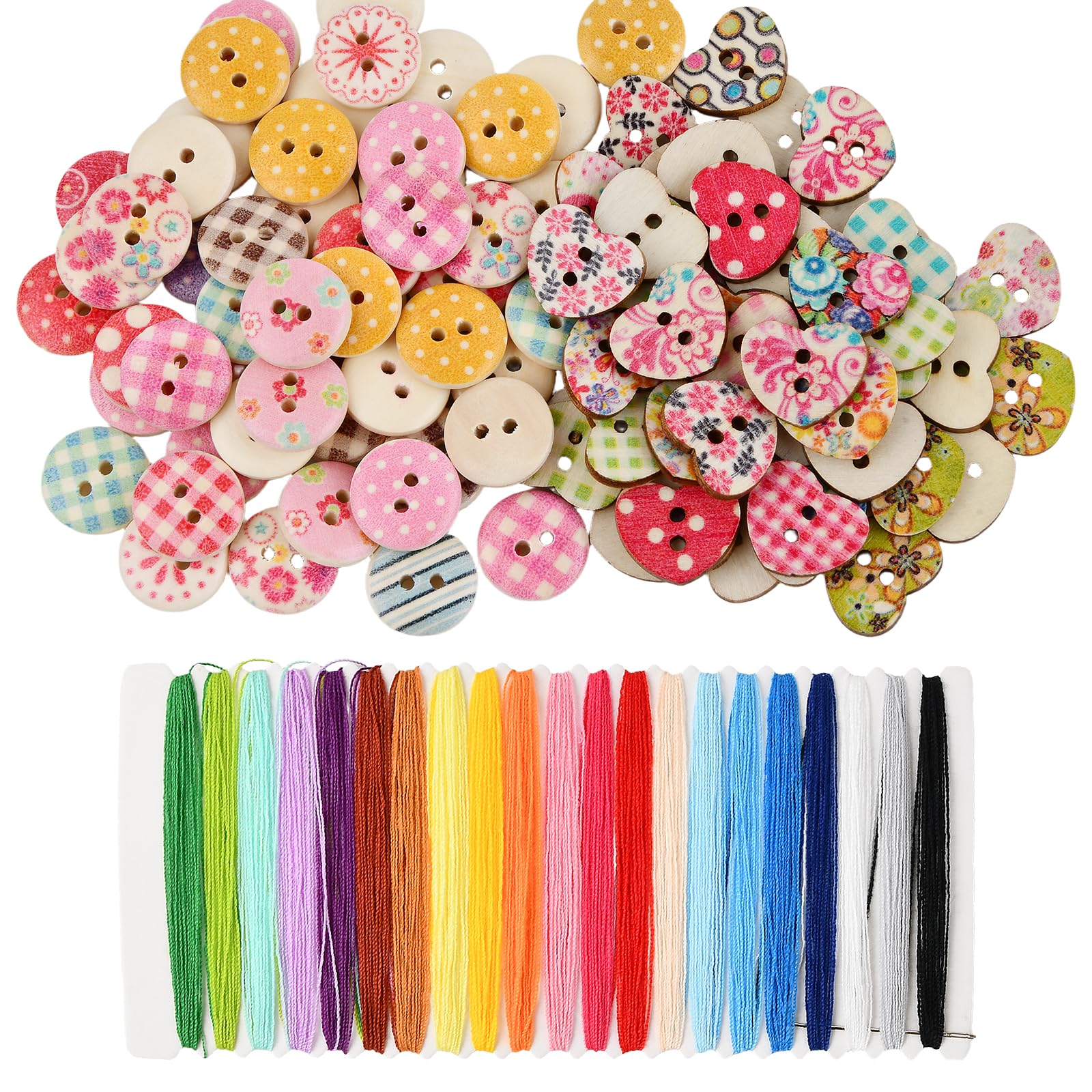 150 Wooden Buttons 100 Round 15 mm & 50 Heart-Shaped 14 mm x 16.5 mm, with a Thread Sample Card in 21 Colours, 2 Holes Buttons for Sewing, Clothes, Crafting, DIY