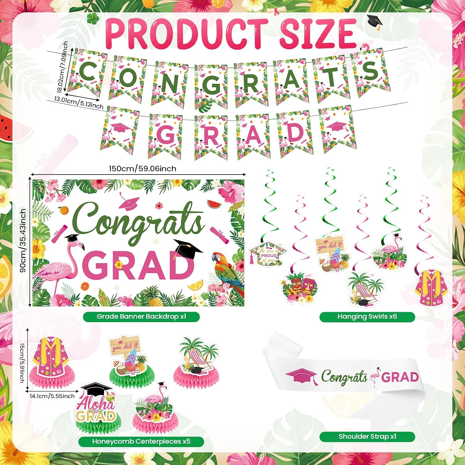 14 Pcs Hawaii Graduation Decorations 2026, Tropical Flamingo Graduation Party Supplies, Congrats Grad Backdrop Banner, Honeycomb Centerpieces, Hanging Swirls & Graduation Sash, Class of 2026