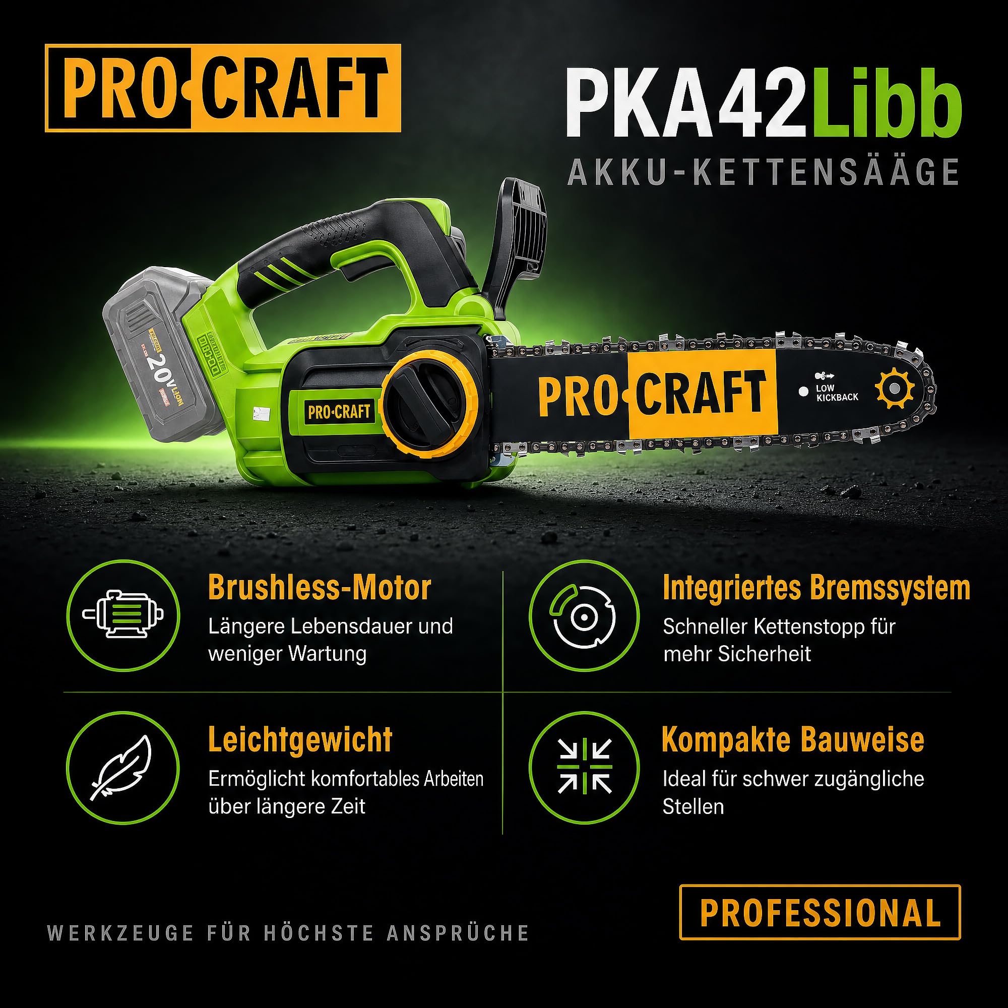 Procraft PKA42Libb akumulatorowa piła łańcuchowa, 20 V, 304 mm, bezszczotkowa Solo – bez akumulatora, bez ładowarki