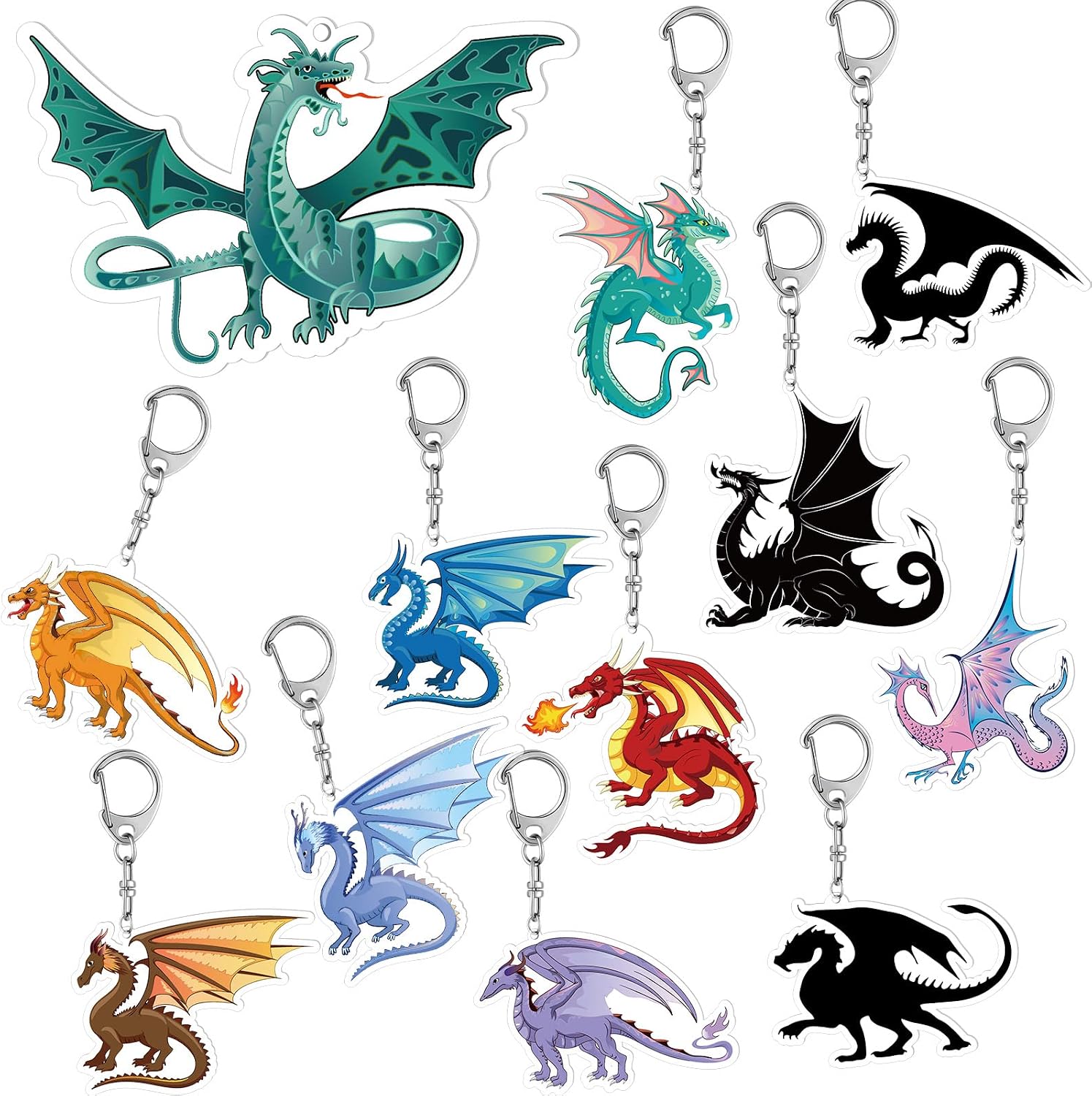 Nosiny 12 Pcs 2.4 Inch Acrylic Dragon Keychain for Kids Dragon Party Favor Dinosaur Key Rings for Handbag Wallet Jewelry Gift