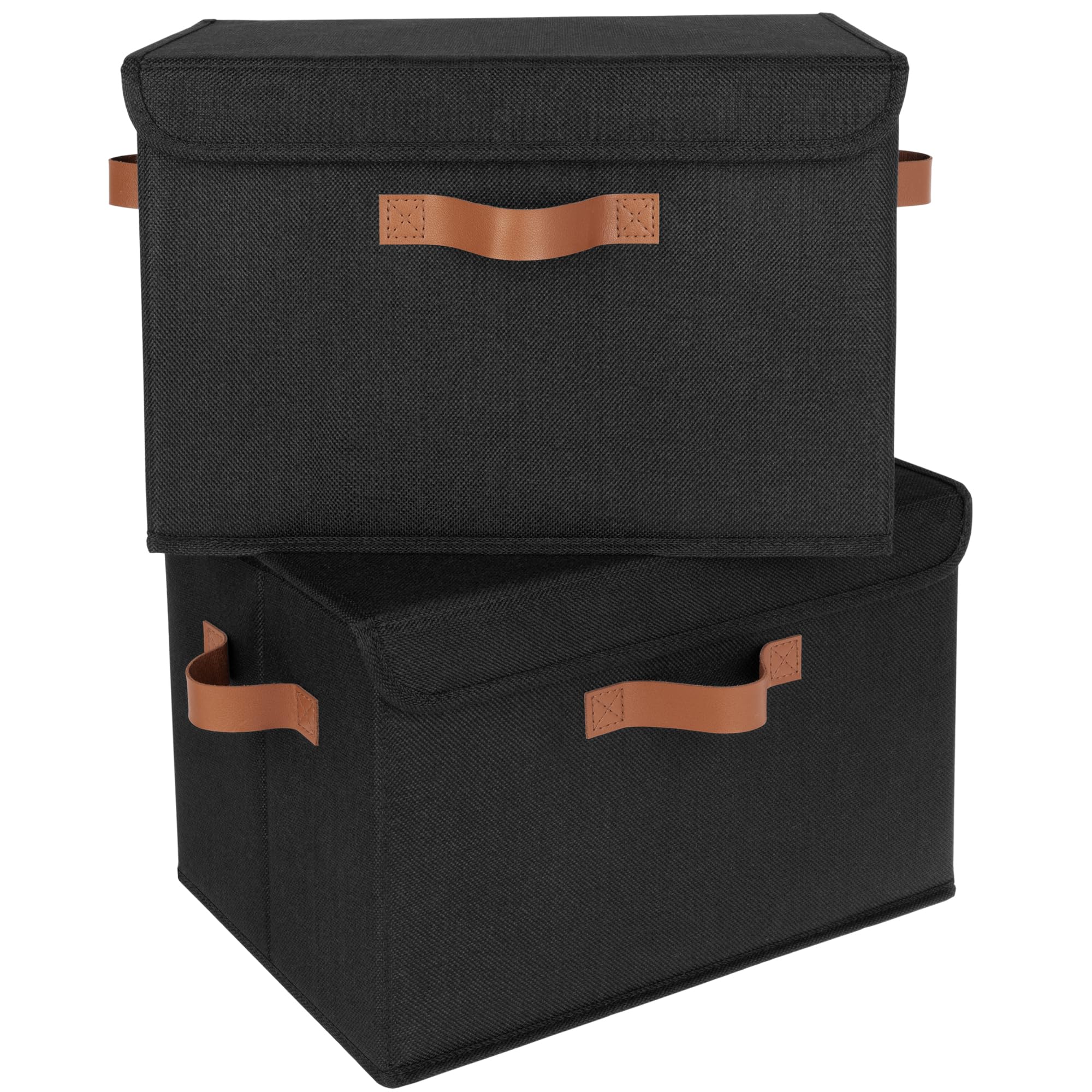GRANNY SAYS Storage Bins with Lids, Decorative Storage Boxes with PU Handles, Black Storage Bin, Linen Closet Organizer, Shelf Baskets, Fabric Storage