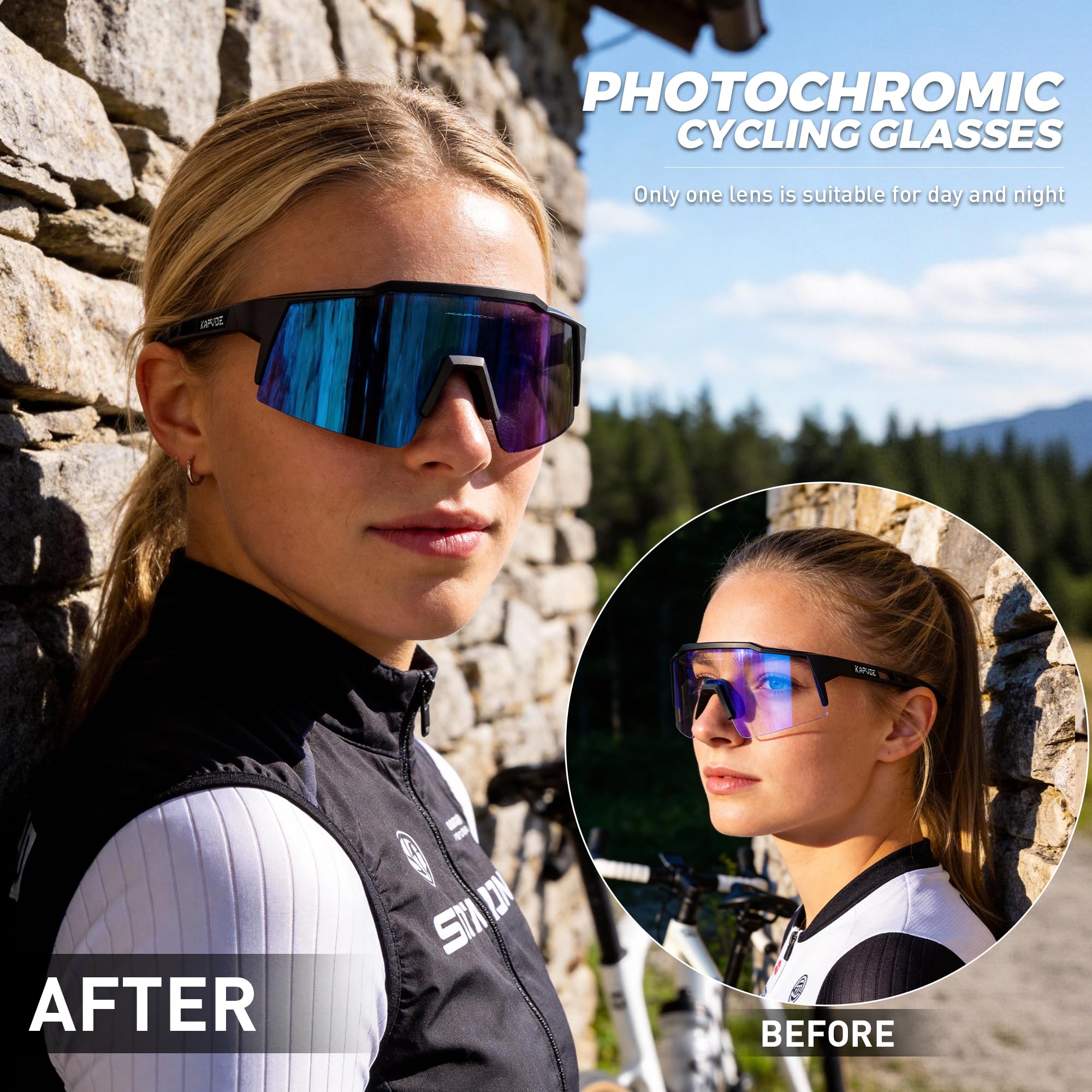 KAPVOE Photochromatische Selbsttönend Fahrradbrille TR90 Rahmen für Herren Damen Jungen Mädchen Klar Sportsonnenbrille K9023