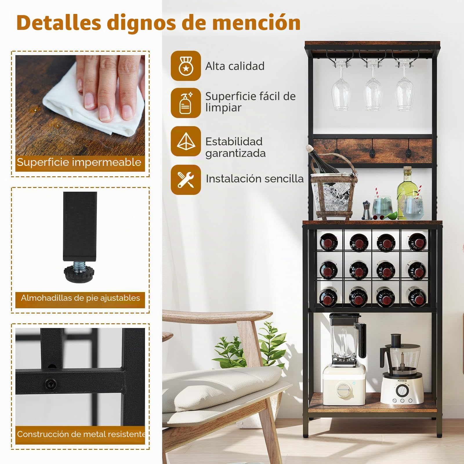 GIANTEX Estantería de Cocina con Botellero para 12 Botellas, 3 Ganchos Dobles y Portavasos, Mueble para Almacenamiento de Vino, 54x37x156cm, Carga Total hasta 150 kg, Organizador para Comedor, Bar