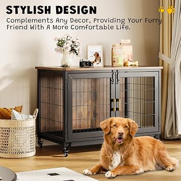 Wooden Dog Crate Furniture, Indoor Kennel Cage with Lockable Wheels and Removable Tray, Steel Frame, End Side Table Animal Cratesfor Small/Medium Dogs - 95x56x65cm