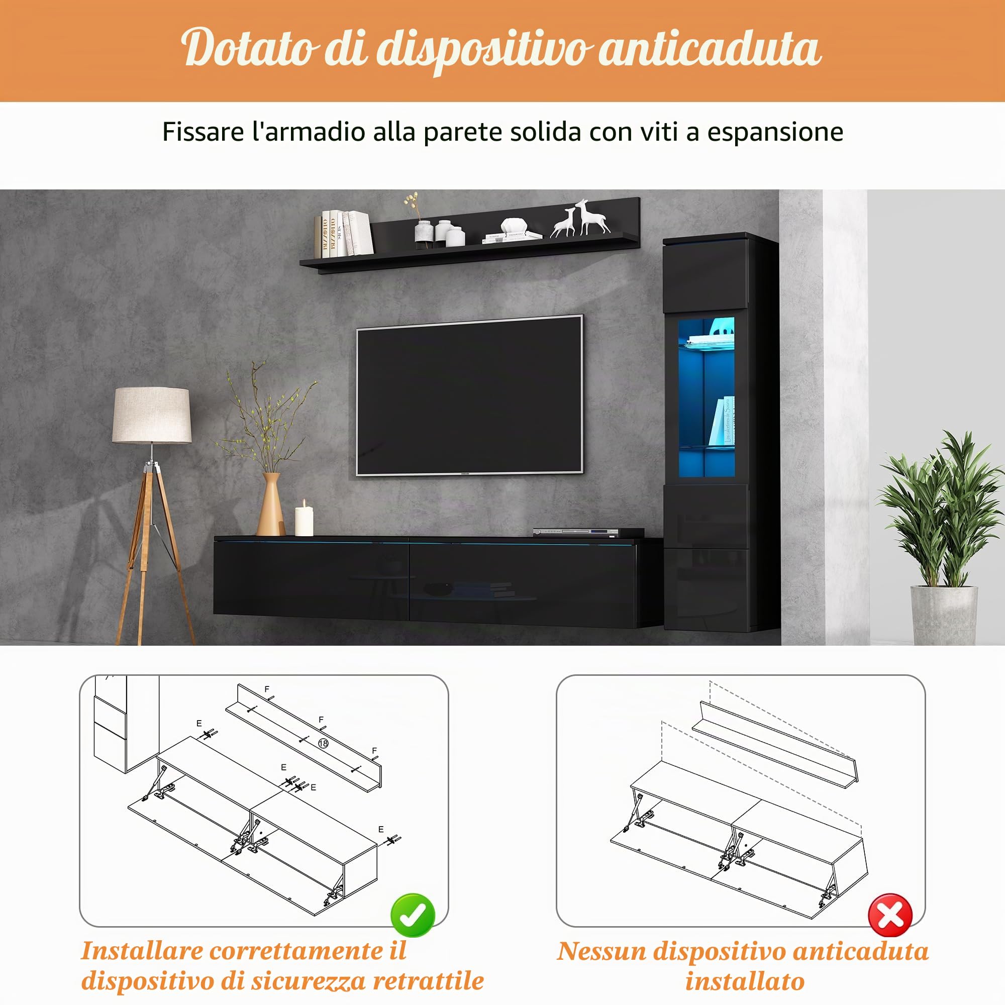 Wiuzo Set da Parete per TV, 3 Pezzi, Illuminazione a LED, Nero Lucido, Set di Mobili da Soggiorno, Parete Frontale Nero, 1 Armadio TV, 1 Vetrina per Soggiorno, 1 Mensola Sospesa, TV Fino a 80"