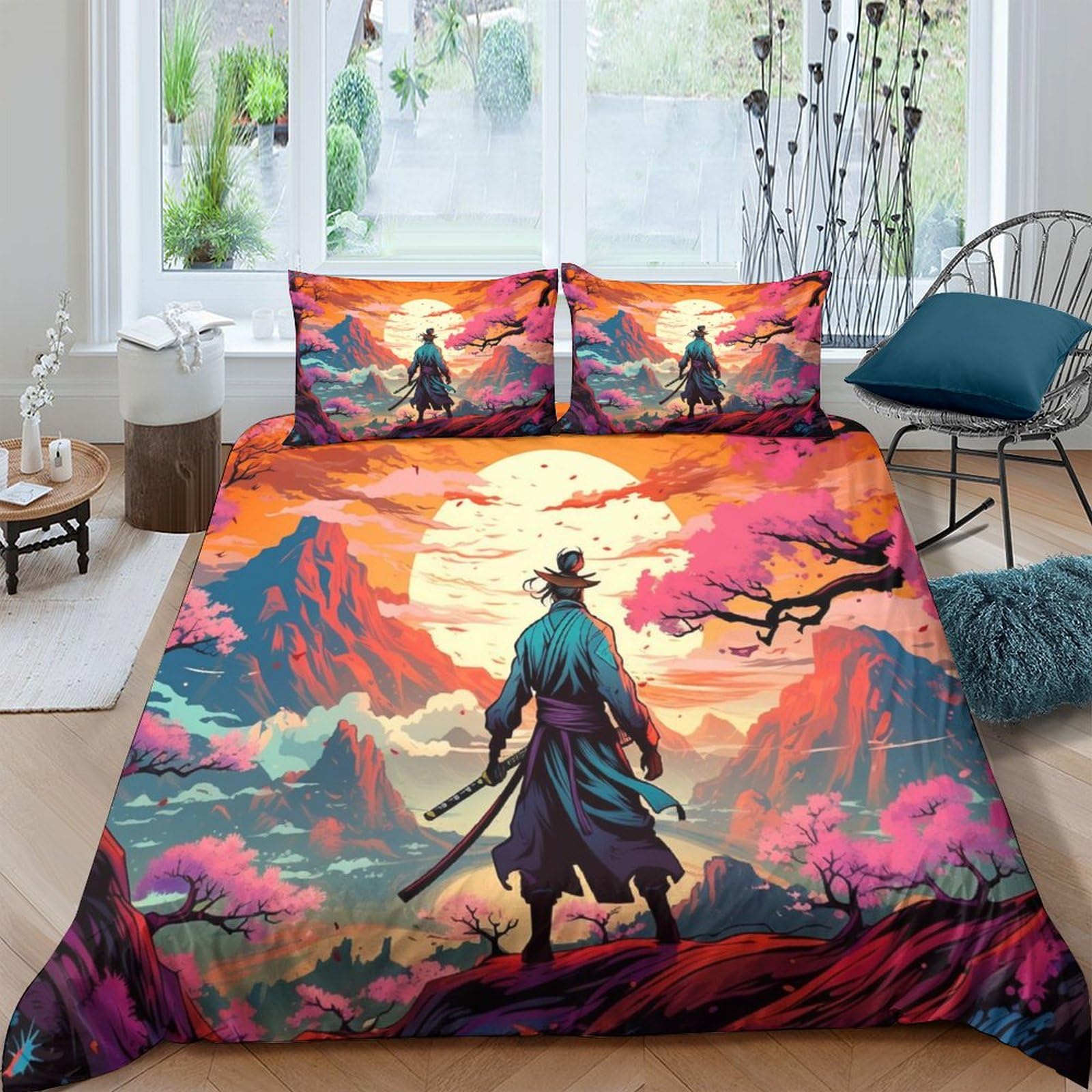 GOOSMI Samurai for Teens And Adults Quilt Cover 3D Print Beautiful Scenery Comforter Covers Duvet Cover Soft Microfiber with Zipper Closure with Pillow Cases Bedding Set 3 Pieces Double（200x200cm）