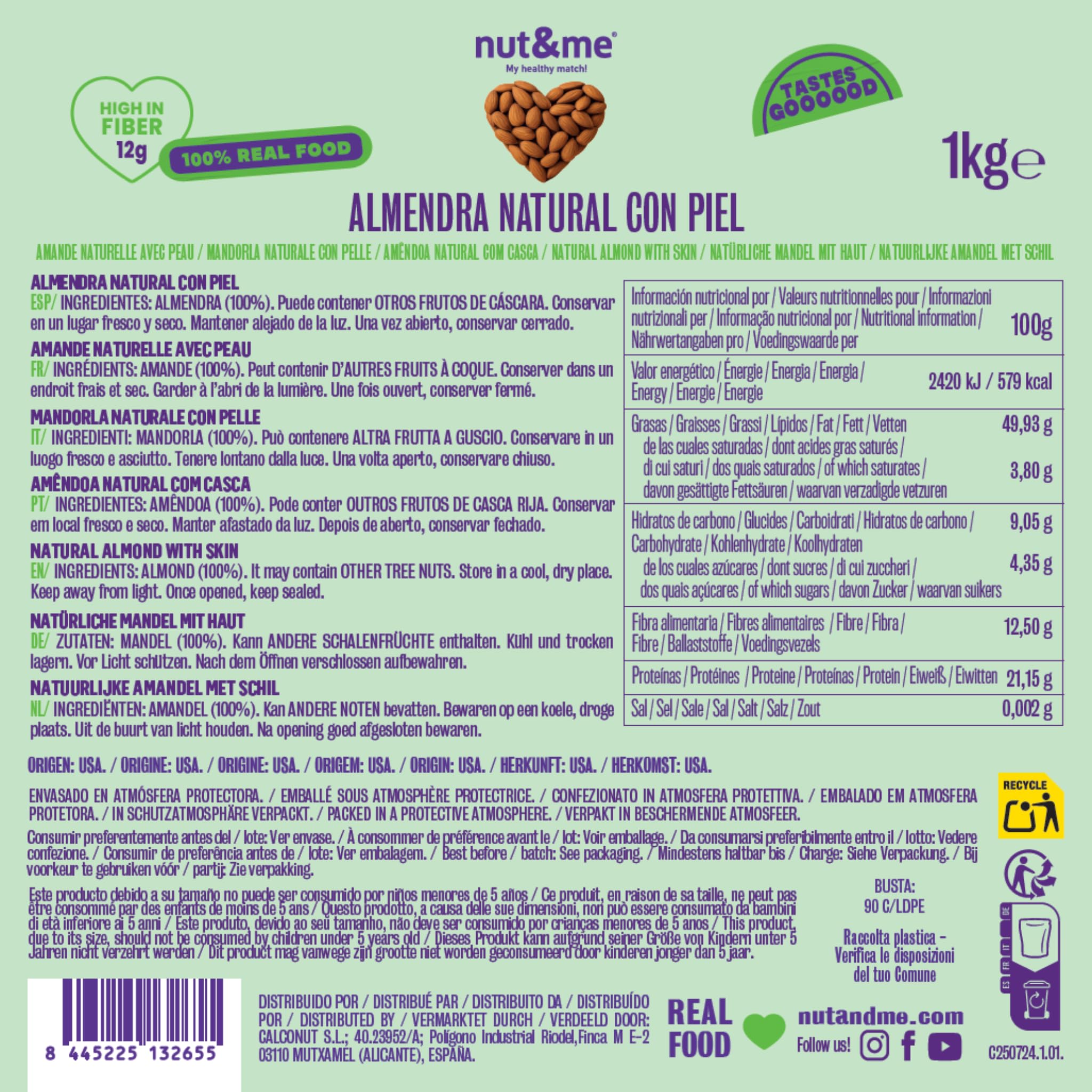 Almendras crudas con piel 1 kg nut&me | almendras naturales | Fuente de proteínas | Alto contenido en fibra | Sin gluten |