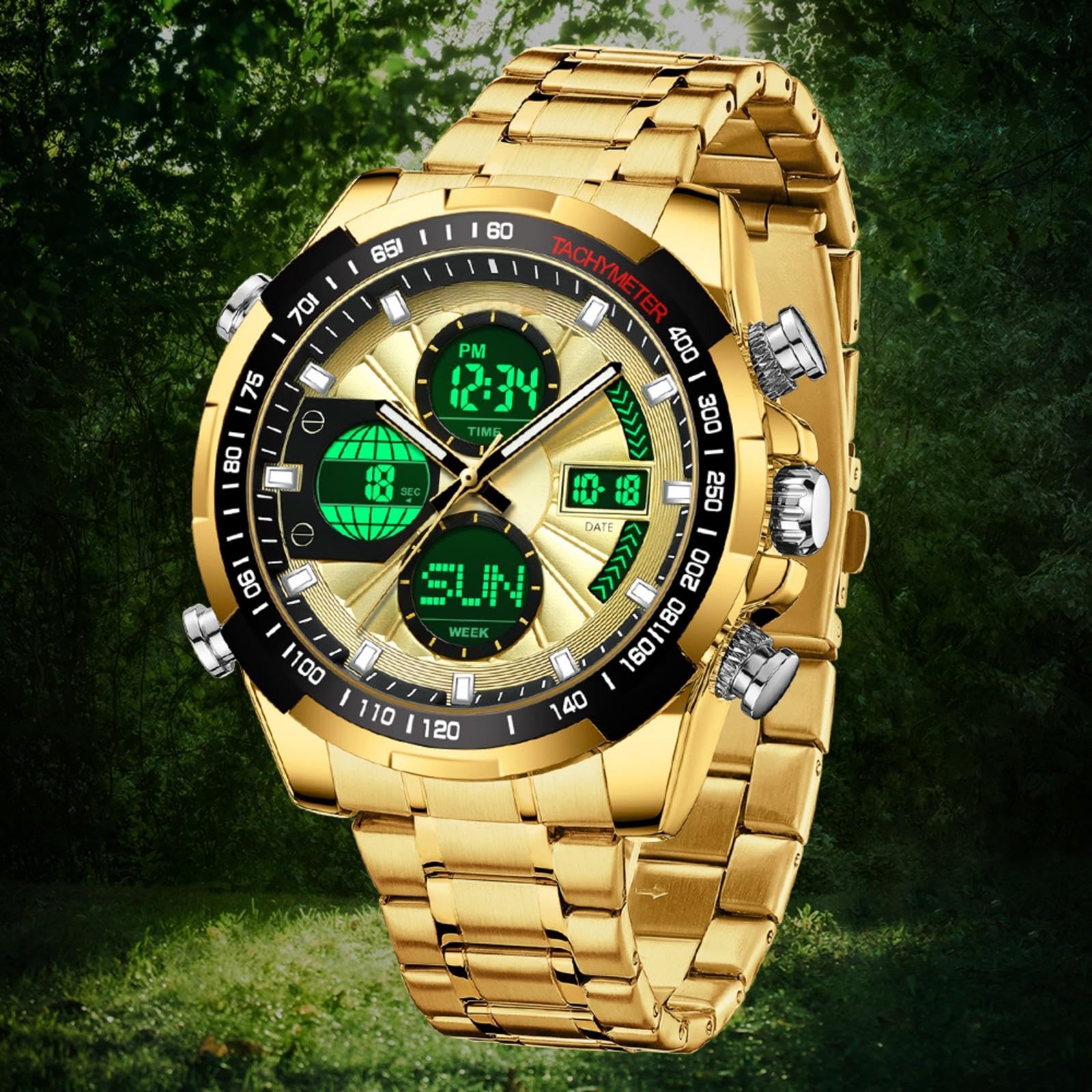 findtime Relojes de lujo para hombre, acero inoxidable, dorado, reloj de pulsera para hombre, con alarma, temporizador, fecha, cronómetro, resistente al agua, 5 ATM, reloj analógico digital para