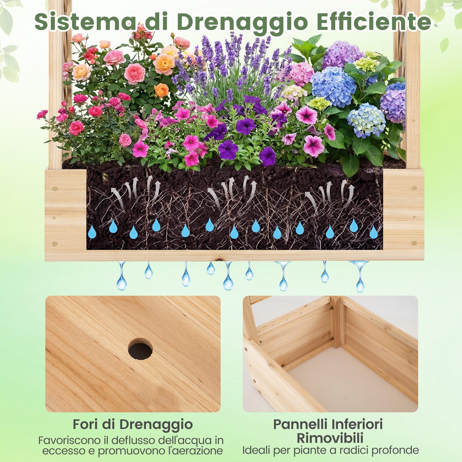 COSTWAY Fioriera Rialzata con Grigliato, Letto da Giardino Rialzato in Legno con Traliccio, Tetto e Fori di Drenaggio, Aiuola Elevata per Piante Rampicanti, Viti e Fiori (Naturale,110 x 35 x 227 cm)