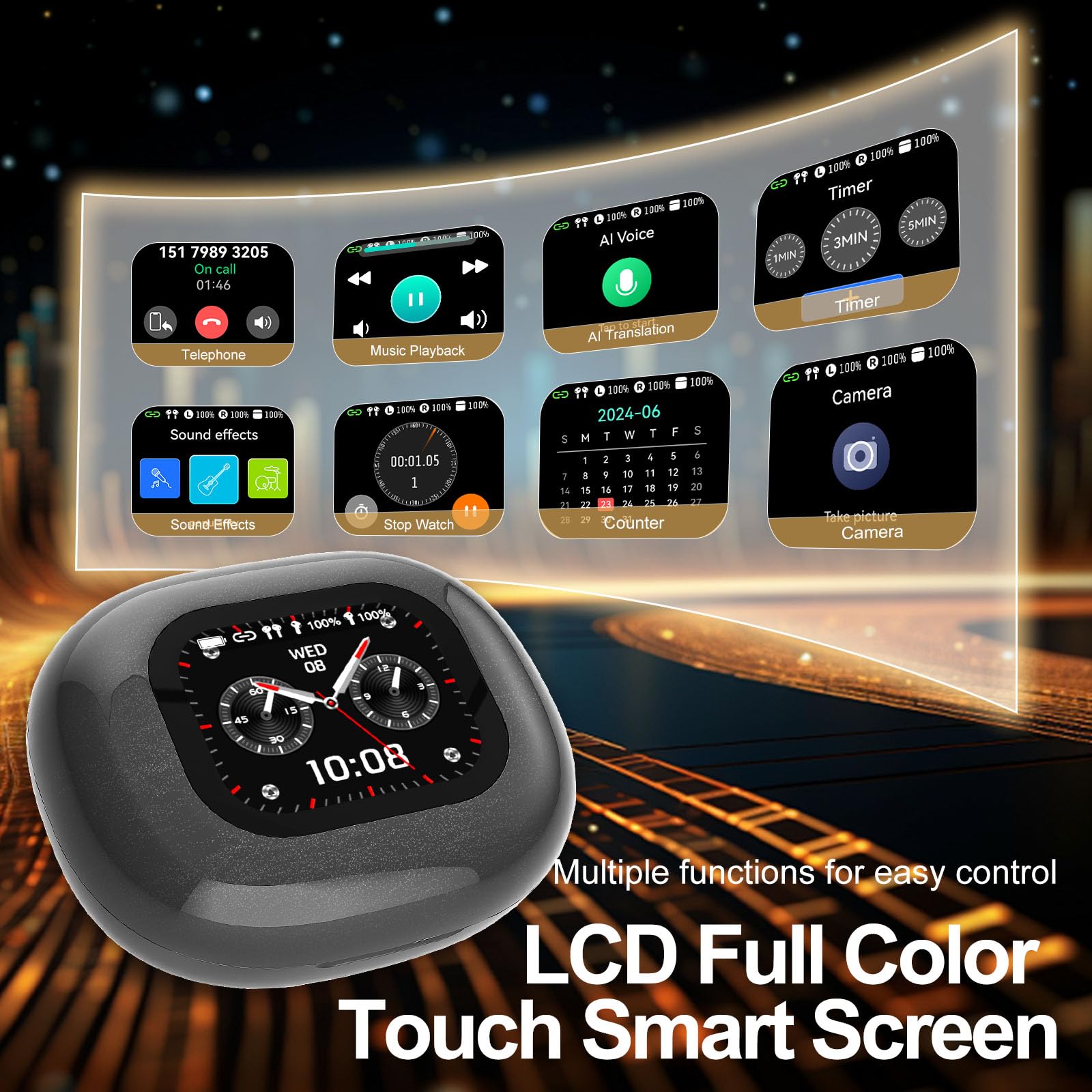 AI Language Translation Earbuds Real Time, Bluetooth 5.4 Translator Earphones with LCD Touch Screen for 144 Languages & Accents, Compatible with iOS and Android, Ideal for Travel Business Learning