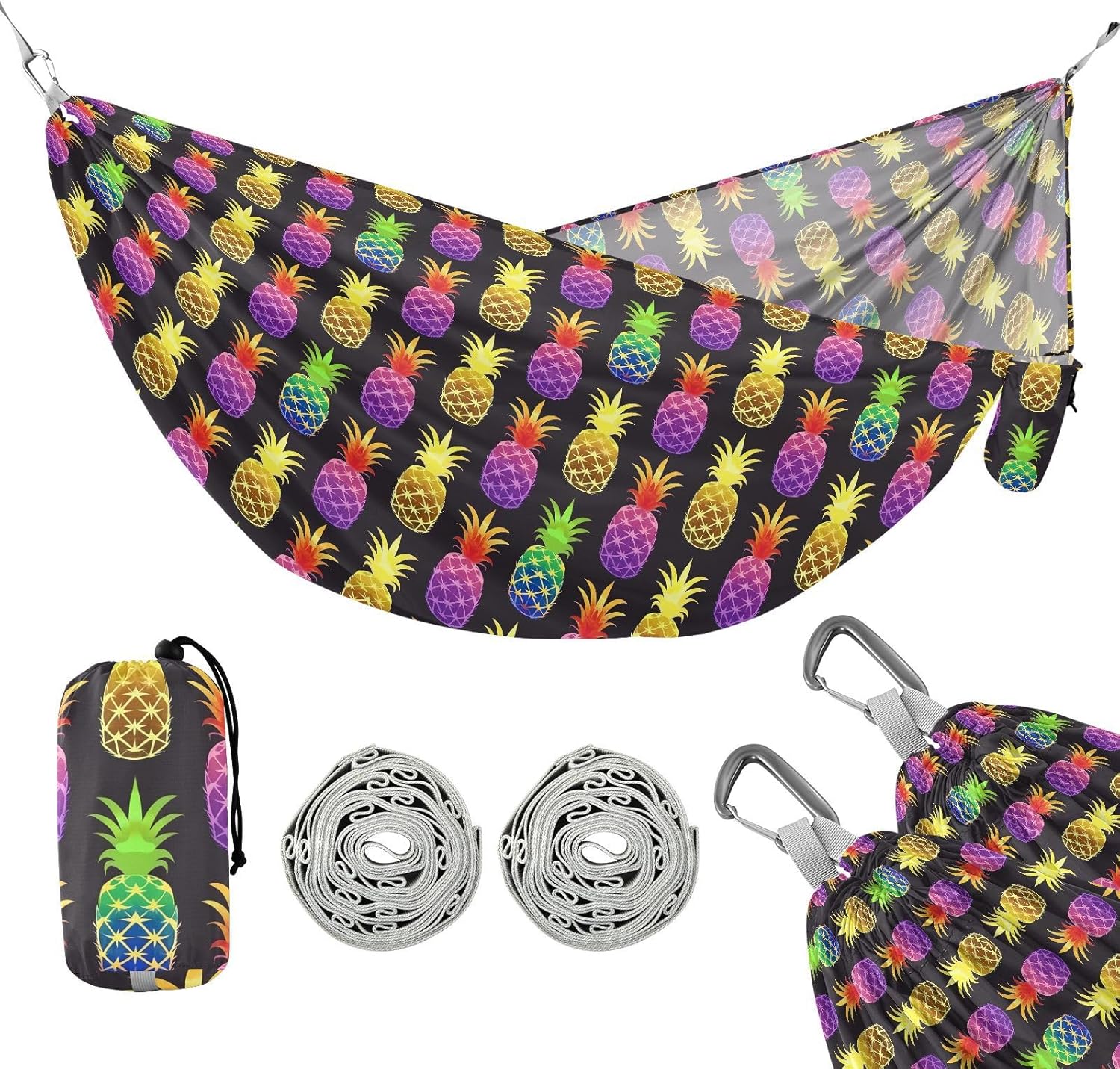 ALAZA Rainbow Pineapple Camping Hammocks Single or 2 Person 500 lbs Portable Parachute Travel Hammock w/Tree Straps for Hiking Backpacking Indoor Outdoor