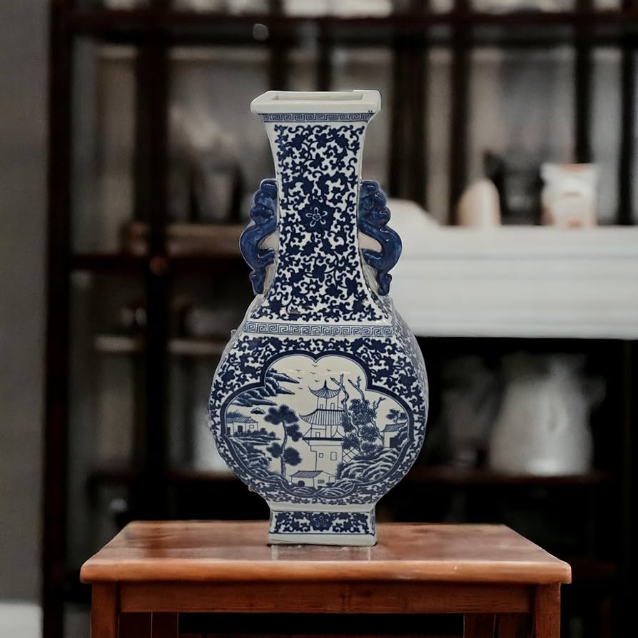 Amazon.com: 17 英吋(約43.2 公分)經典青花瓷花瓶,風景陶瓷中國