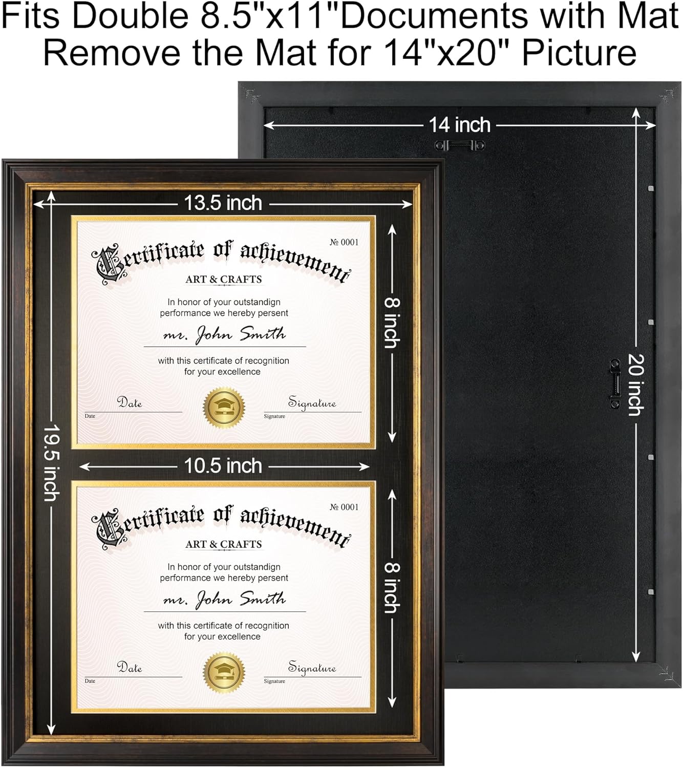 Yaetm Double Diploma Frame 14x20 with Mat for Two 8.5x11 Certificates/Degrees, Shatter-Resistant Real Glass, Acid-Free Black and Gold Mats, Dark Brown with Gold Rim Dual Diploma Frame for Graduation