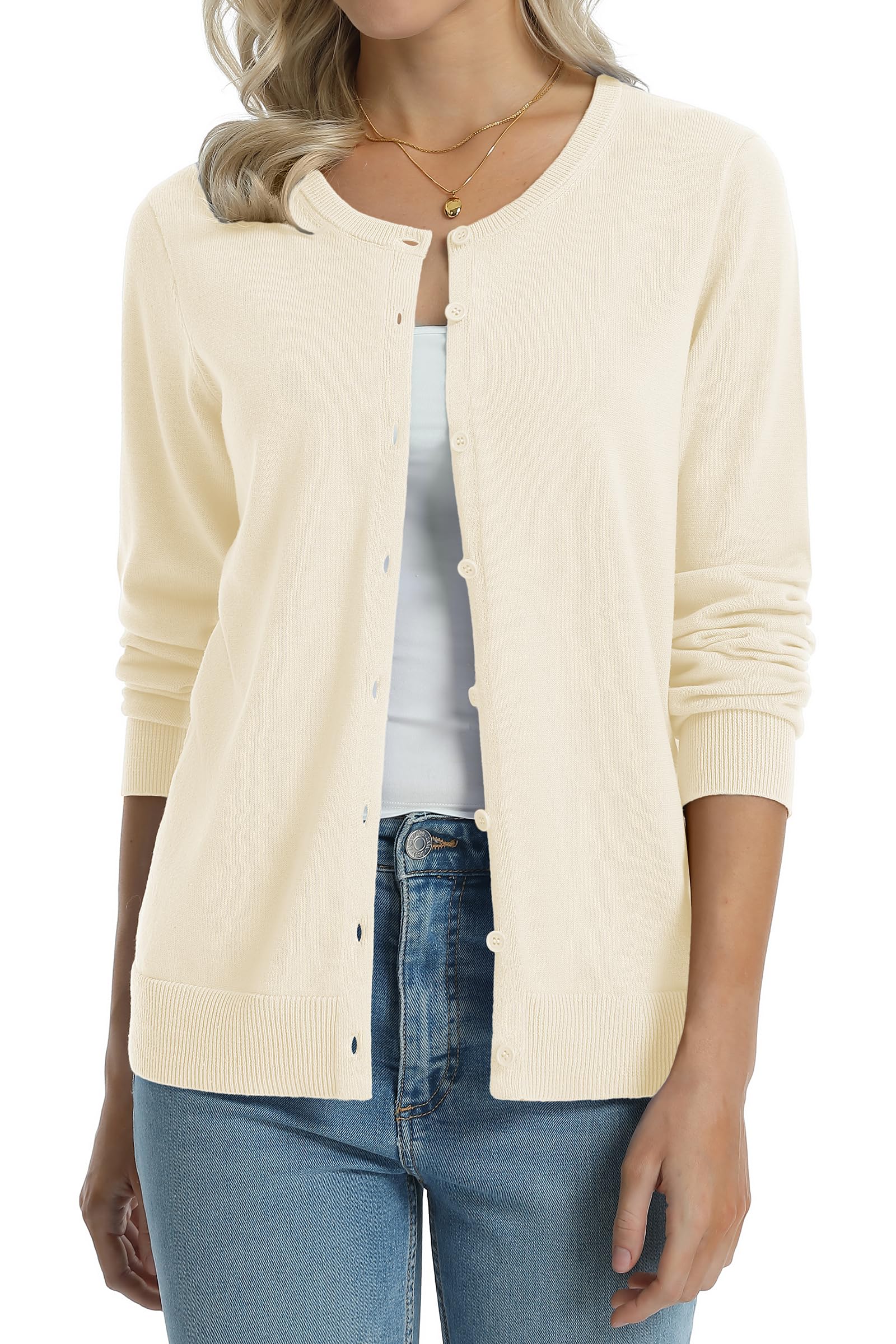 QUALFORT Women's 100% Cotton Lightweight Cardigans Long Sleeve Sweater
