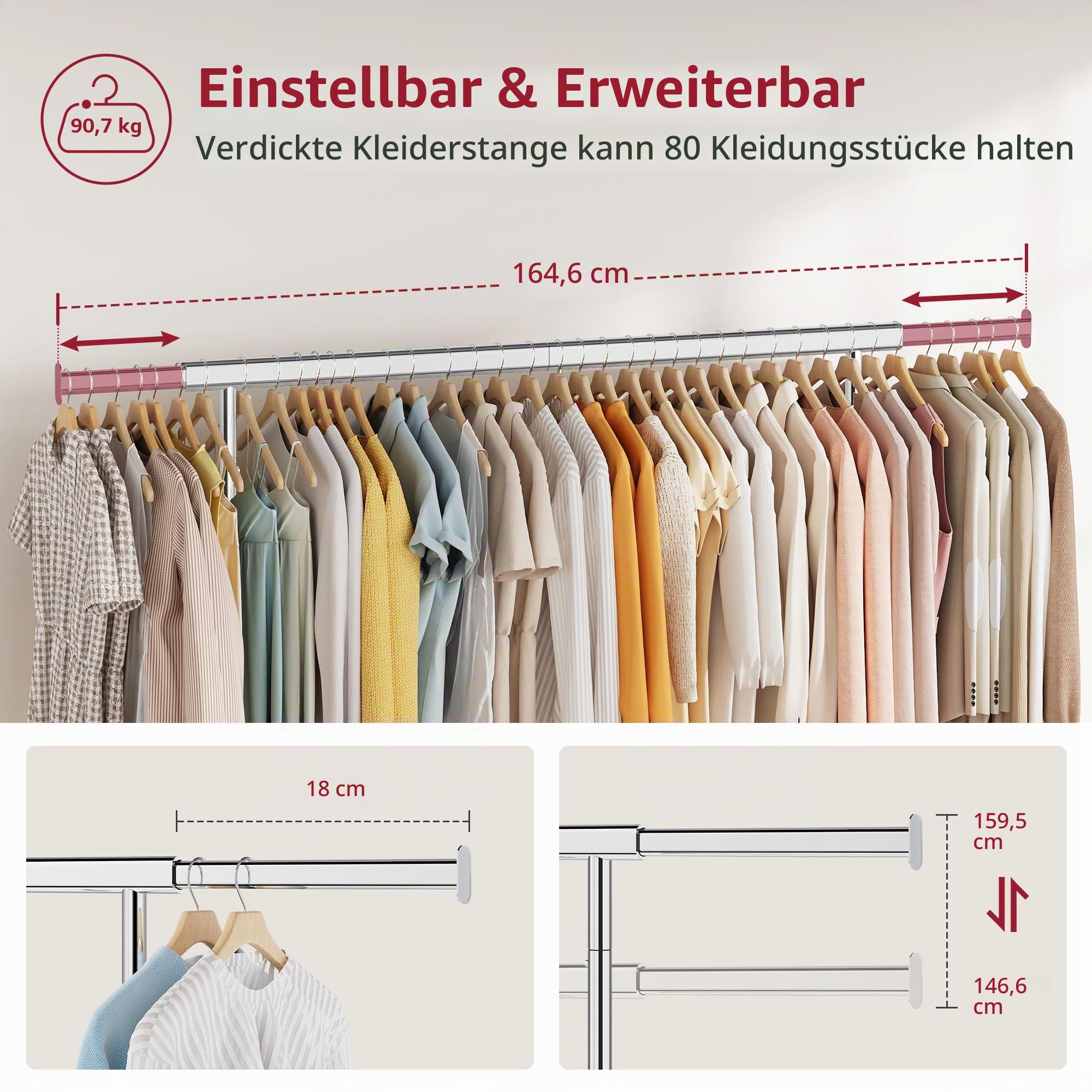 Tajsoon Schwerlastkleiderständer, Bis 159 kg, Rollbarer Kleiderständer mit Rollen und Ausziehbarer Stange, Zusammenklappbarer Kleiderständer mit Bodenablage, für den Gewerblichen Einsatz, Verchromt
