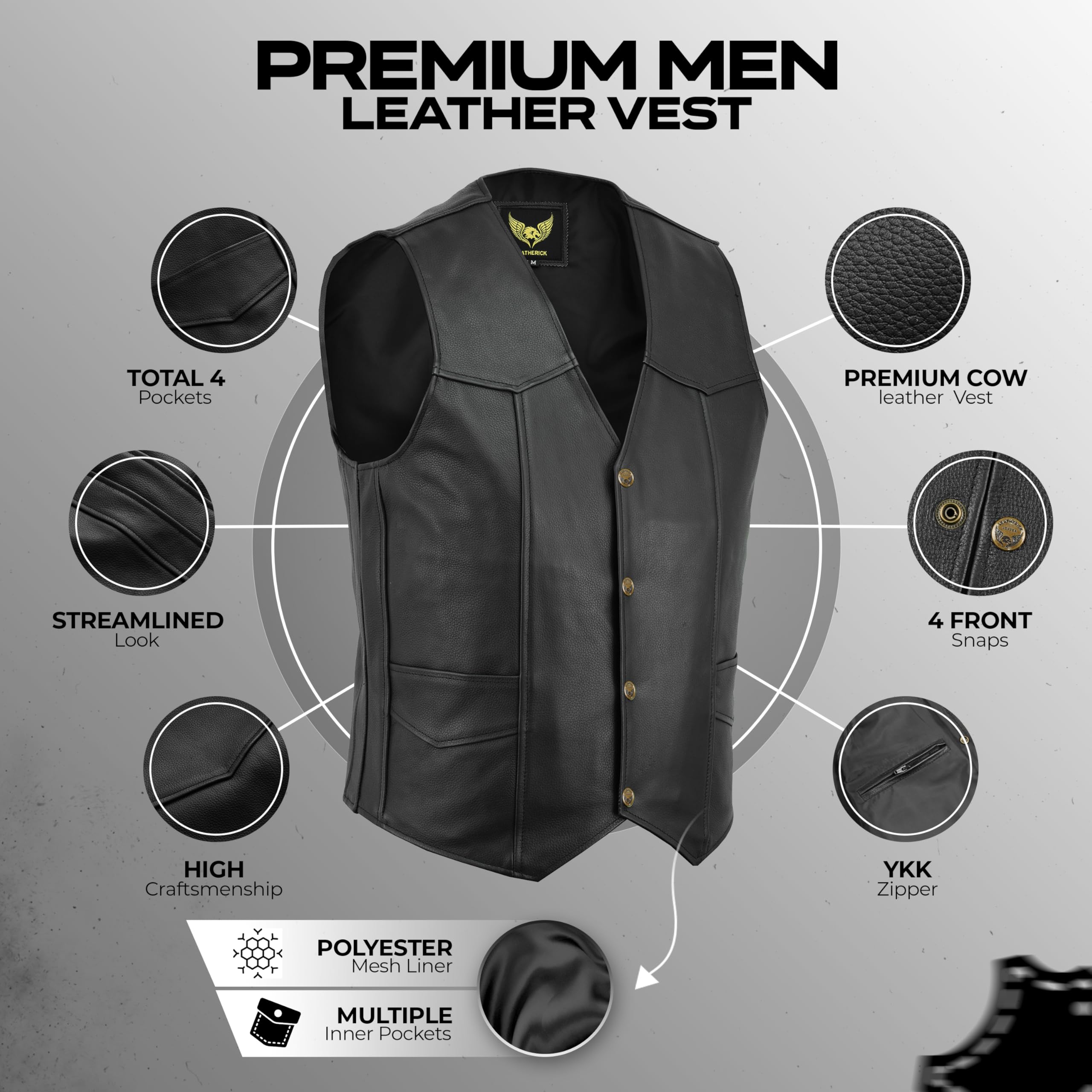 Leatherick Gilet in vera pelle da uomo in pelle nera - Stile casual stile motociclista