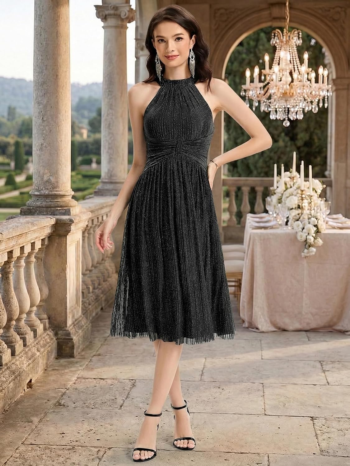 Ever-Pretty Women's Glitter Halter Neck Midi Cocktail Wedding Guest Dresses Sleeveless Pleated Semi Formal Dress 41962