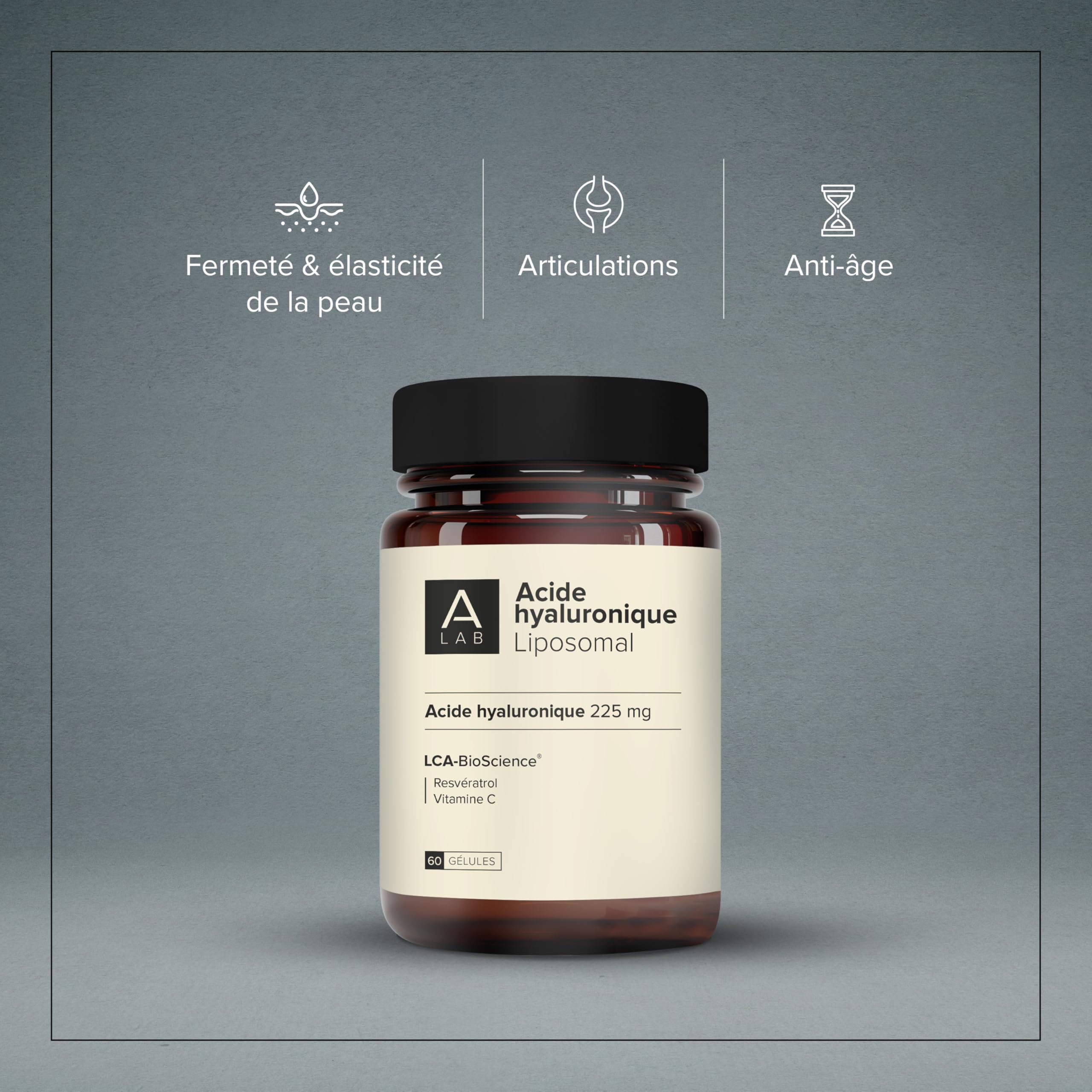 A-LAB Acide Hyaluronique Liposomal - Assimilation Renforcée - Complément Alimentaire Anti-Rides, Elasticité, Fermeté de la Peau - Resvératrol, 225 mg, 20 jours - Fabriqué en France