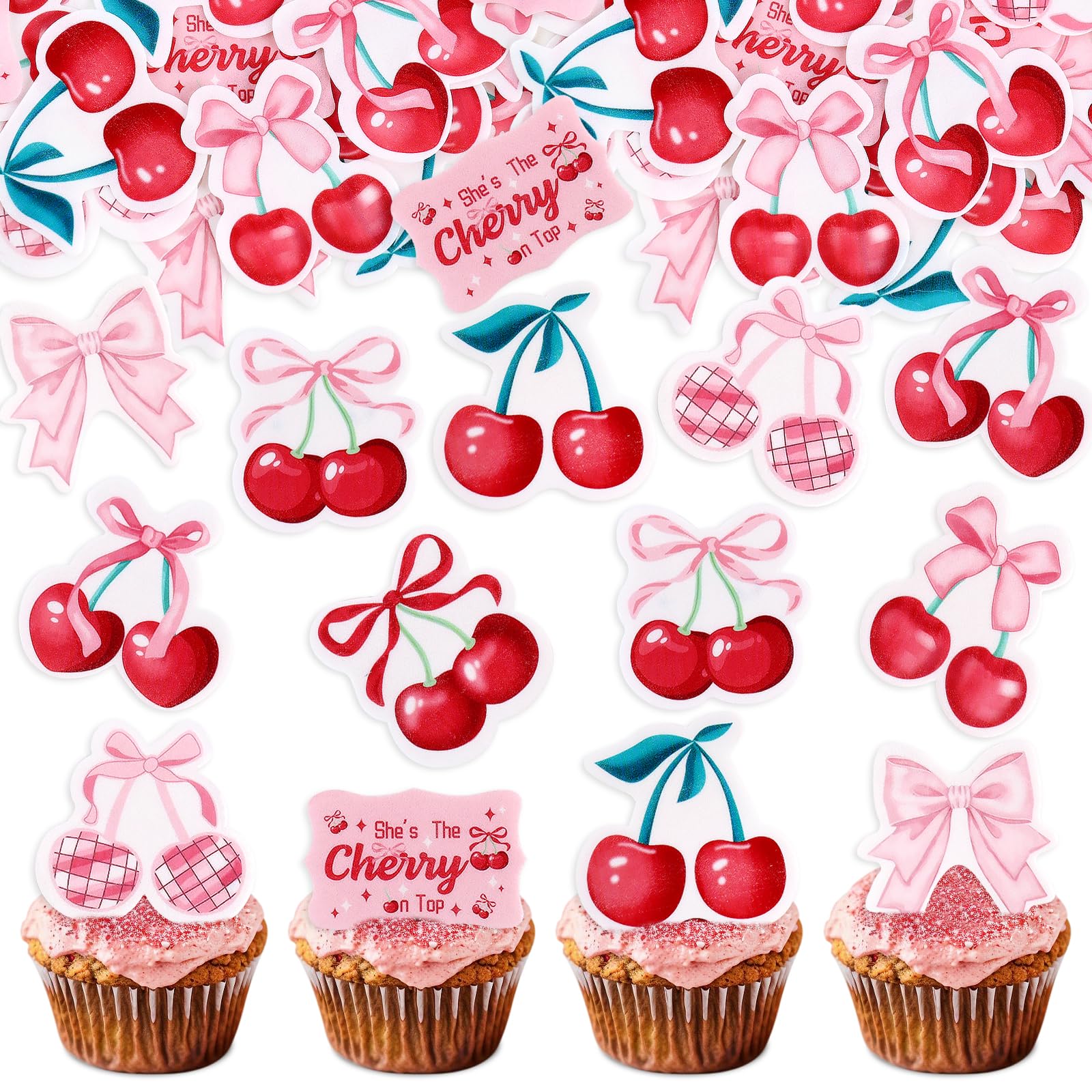 Ercadio 40 Pcs Edible Cherry Cupcake Toppers Fruit Theme Summer Cherry Cupcake Picks for Kid Baby Shower Party Decorations Kids Birthday Cake Party
