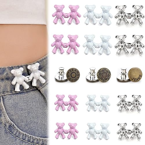 Juego de 15 pines de botón de jeans, lindo oso de metal para apretar la cintura, extensor de hebilla de cintura ajustable sin coser, botón de