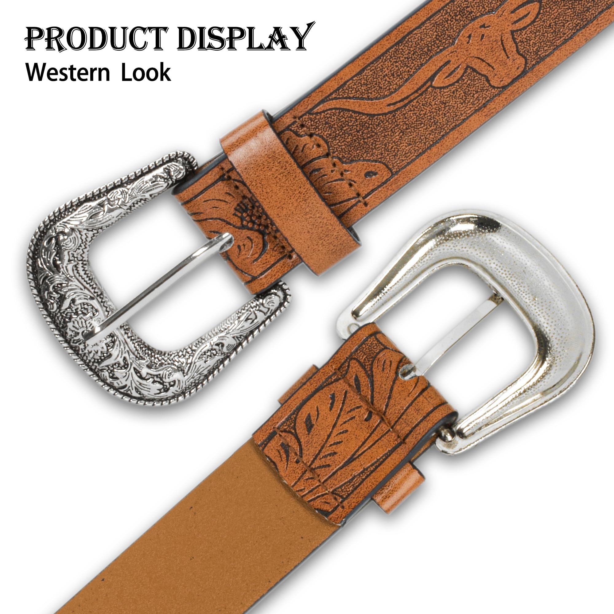 INOGIH Adjustable-Vintage-Western-Cowboy-Belt Women Men - Cowboy-Style Engraved-Buckle Belt for Jeans Pants Dresses