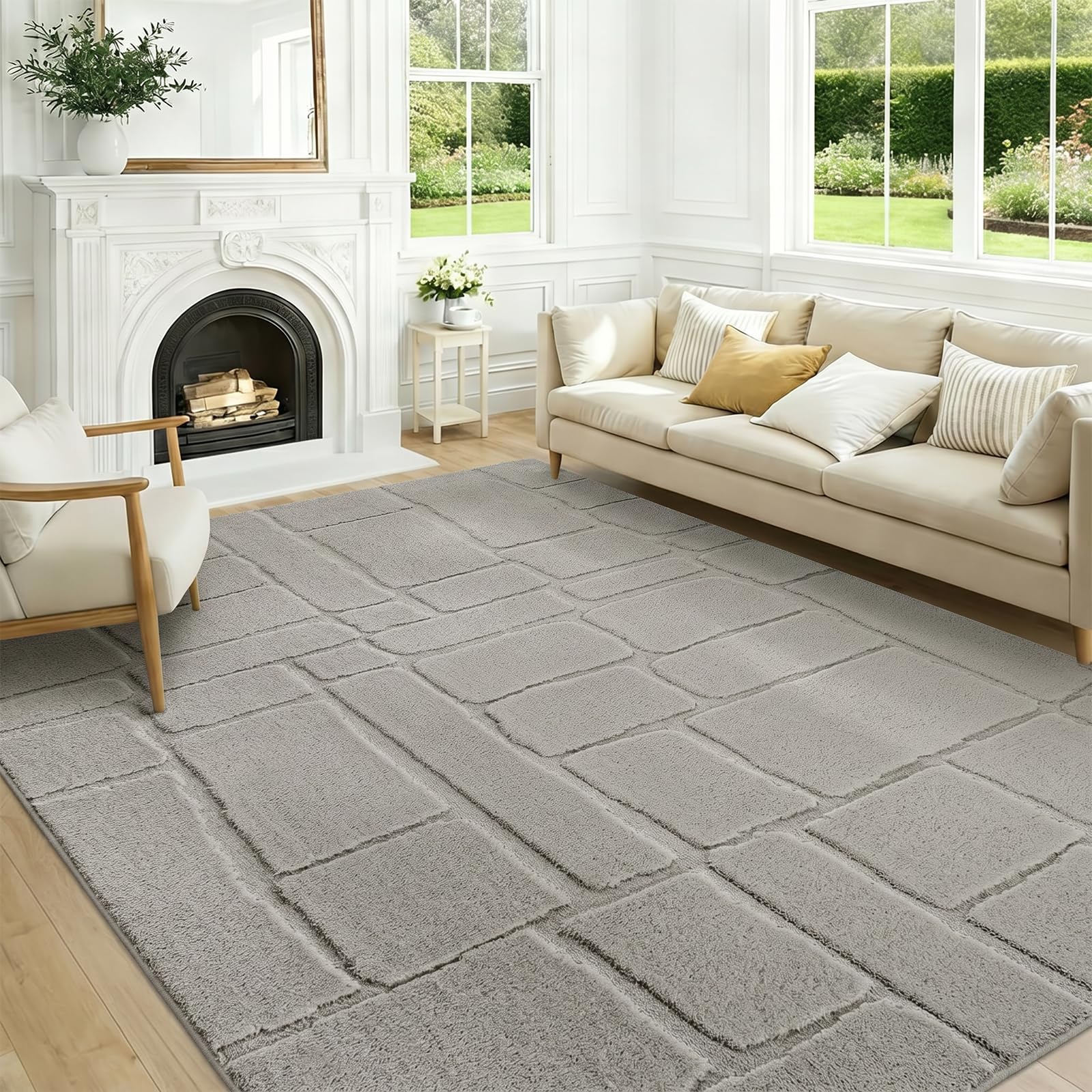 Famibay Rugs Living Room 160x230cm, 3D Grey Area Rugs for Bedroom, Soft Low Pile Large Rugs for Living Room Non Slip Faux Wool Carpet for Lounge Nursery Office