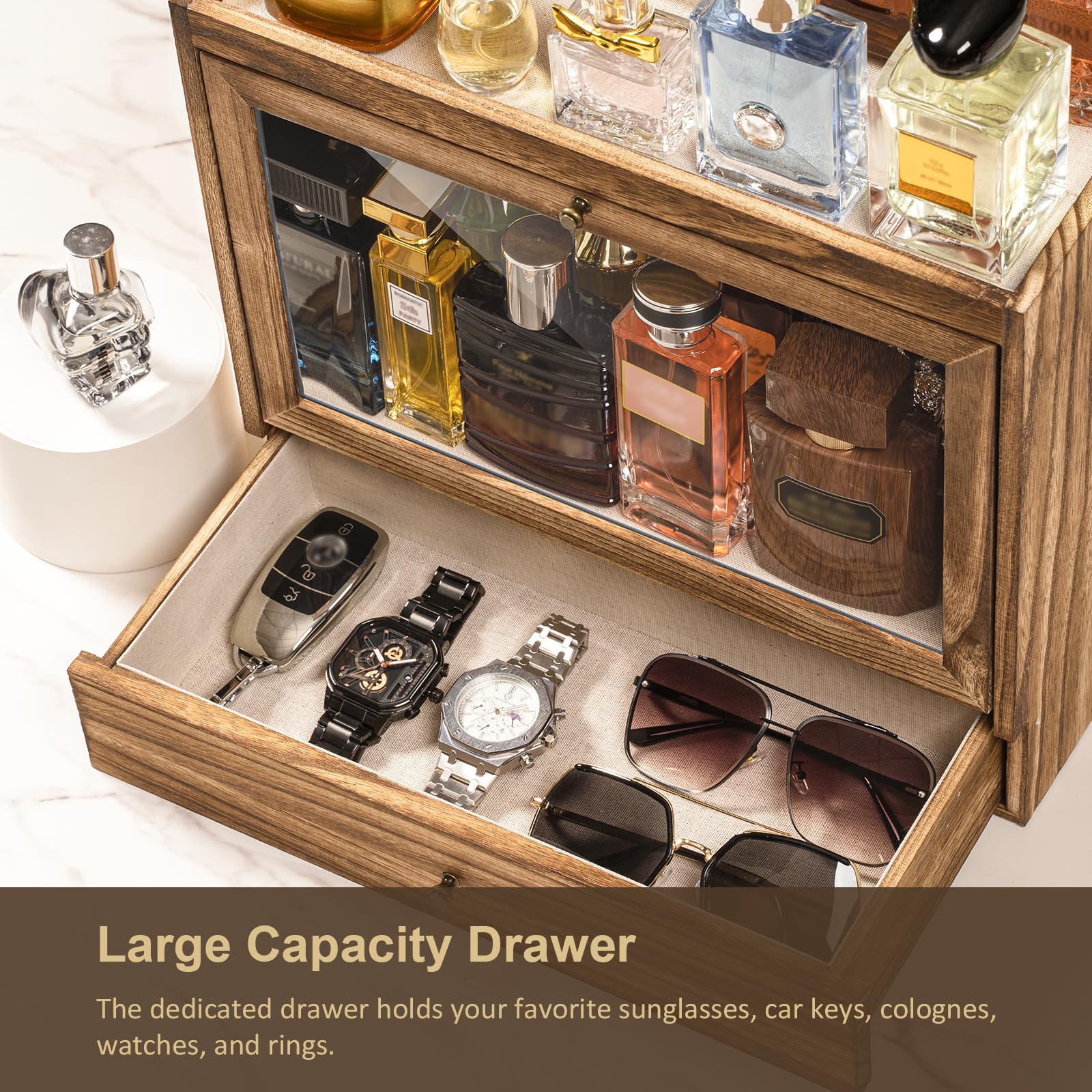Soporte de colonia, organizador de perfume de madera maciza para hombre, organizador de perfume a prueba de polvo de gran capacidad con cajón de almacenamiento de perfumes, joyas y cosméticos