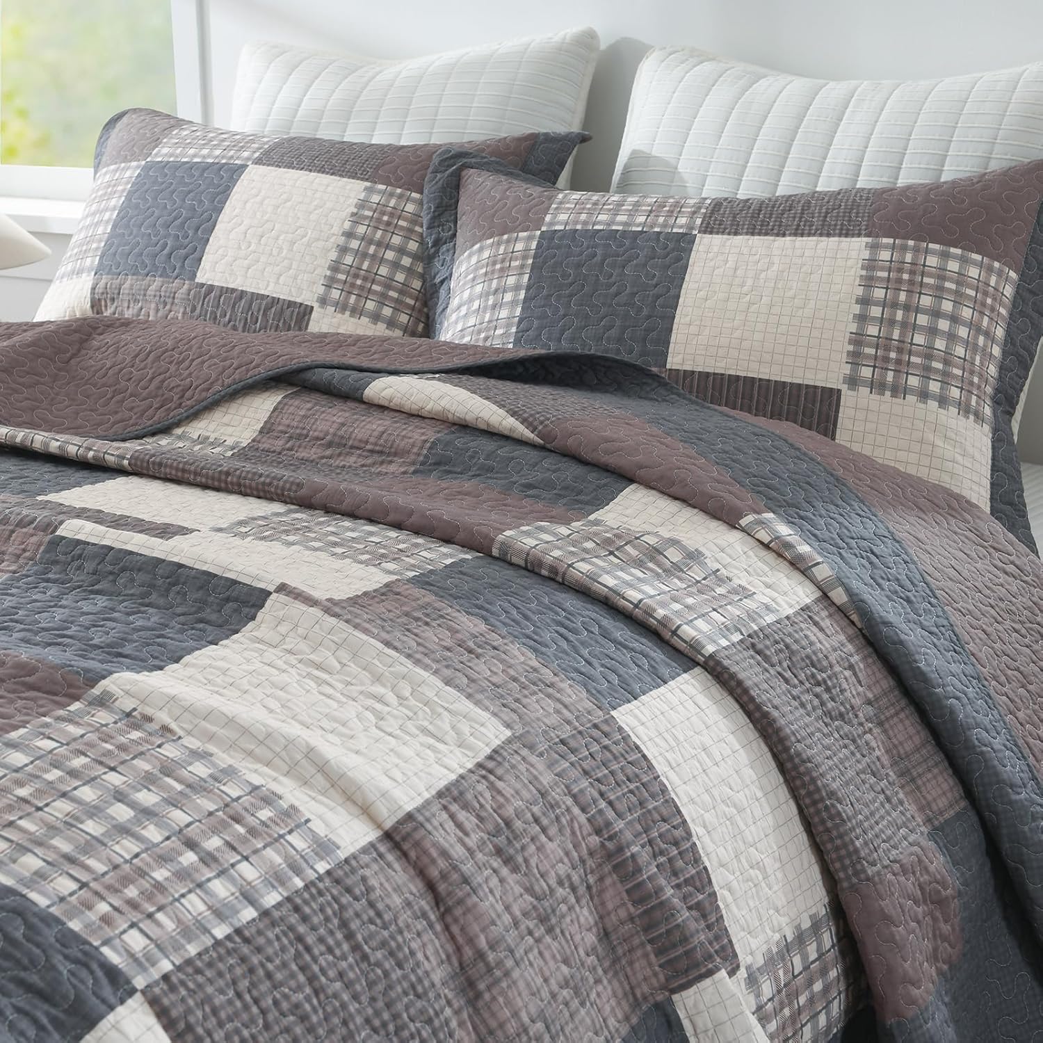 100% Cotton Quilts King Size, King Quilt Bedding Set Bedspread, Patchwork Plaid Quilt for King Bed, 3 Pieces Farmhouse Reversible Lightweight Comforter Bed Spread, Gray/Brown/Beige - Image 6