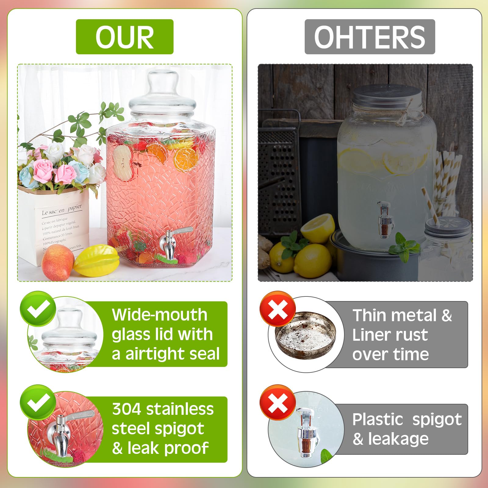 Lallisa 2 Pcs 2.5 Gallon Glass Drink Dispensers for Parties Glass Beverage Dispenser with Spigot Sun Tea Jar Juice Dispenser with Wooden Chalkboard for Weddings Party favor