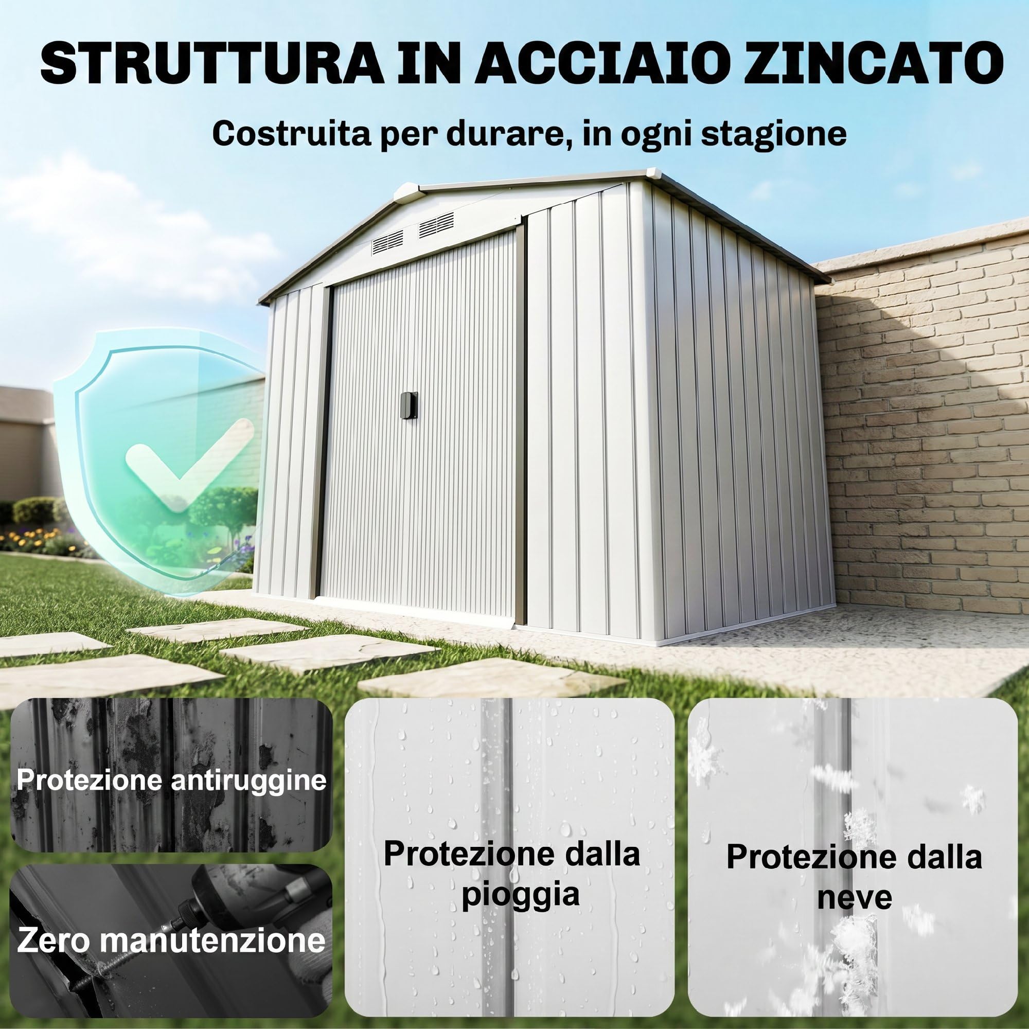 Outsunny Casetta da Giardino 2.5m² Acciaio Zincato con Basamento 213x130x185 cm Bianco Argentato
