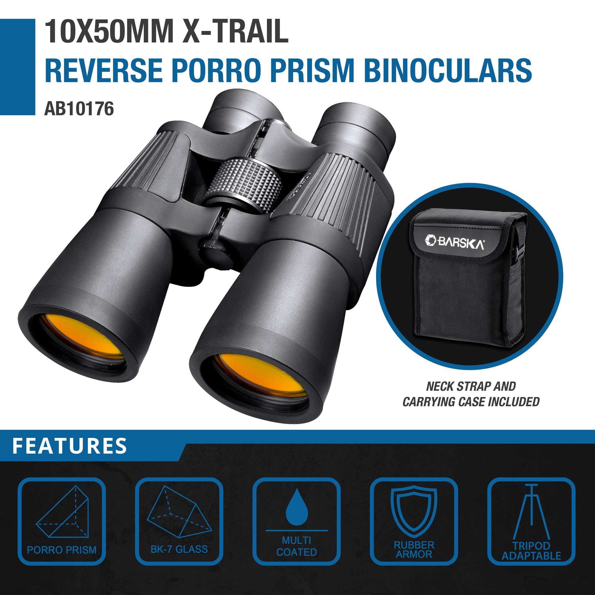 Barska X Trail Reverse Porro - Binocolo 10 x 50, con prisma di Porro, ingrandimento vario, ottiche rivestite, grandangolare, grandi obiettivi, armatura in gomma, impugnatura antiscivolo, custodia per