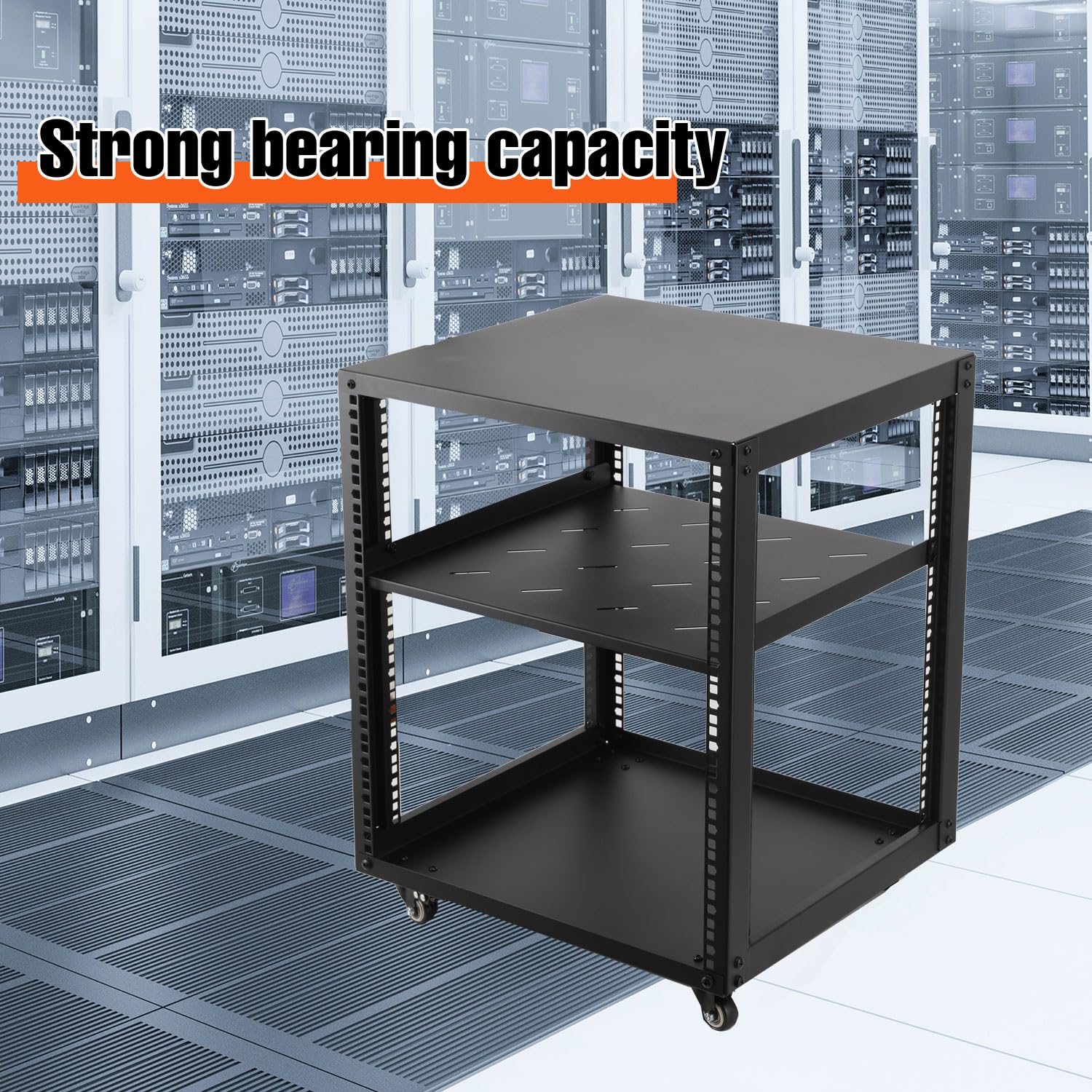 Rack Server a Telaio Aperto 12U 19", Rack Mobile a Telaio Aperto a 4 Colonne per Server, Armadio di Rete con Ruote per Apparecchiature Informatiche/AV/Dati