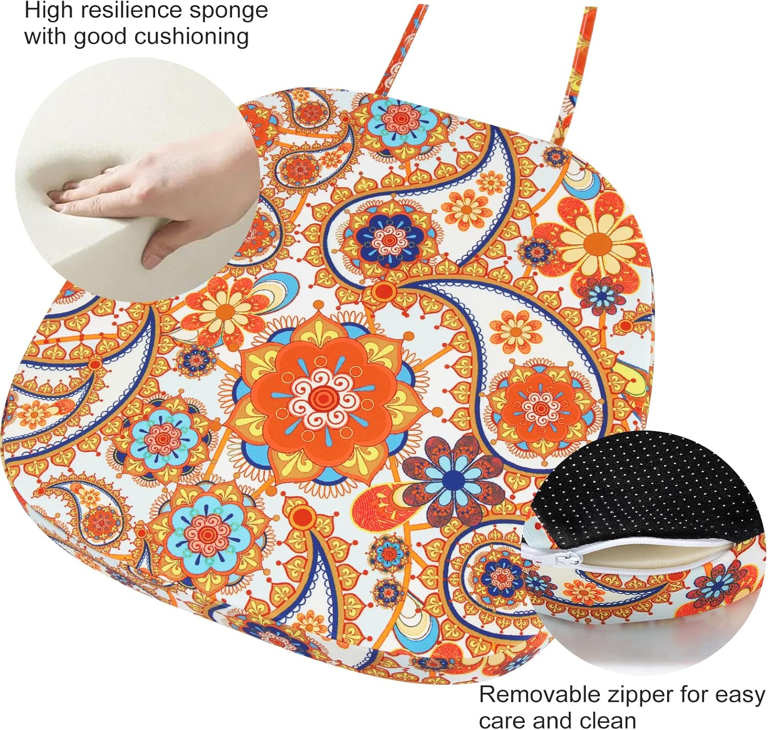 GUEGLSA Outdoor Waterproof Seat Cushions 14x14 inch, Non Slip Metal Chair Pad with Ties, U Shaped Metal Chair Cushion for Kitchen Dining Patio Chair, Set of 2, Orange Paisley