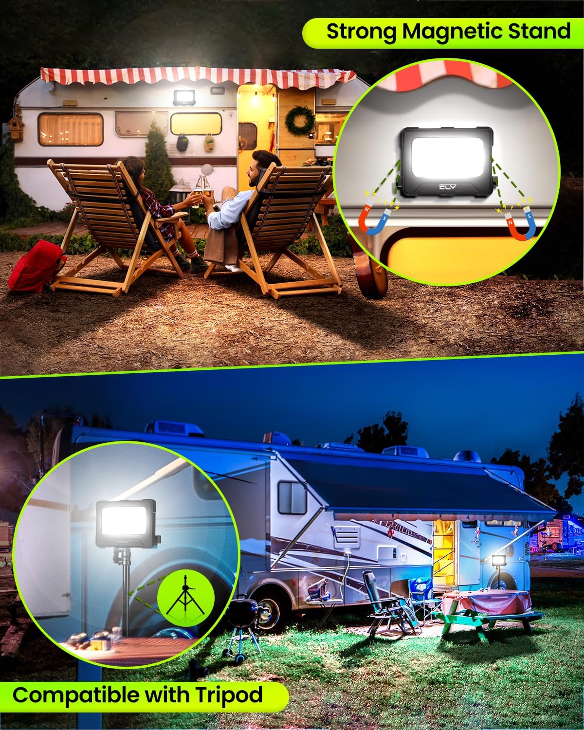 CLV Ładowalny reflektor LED USB 60 W 12000 MAH Przenośny magnetyczny reflektor budowlany 4 tryby oświetlenia i 5 poziomów jasności Awaryjna bateria zewnętrzna z panelem słonecznym na kemping