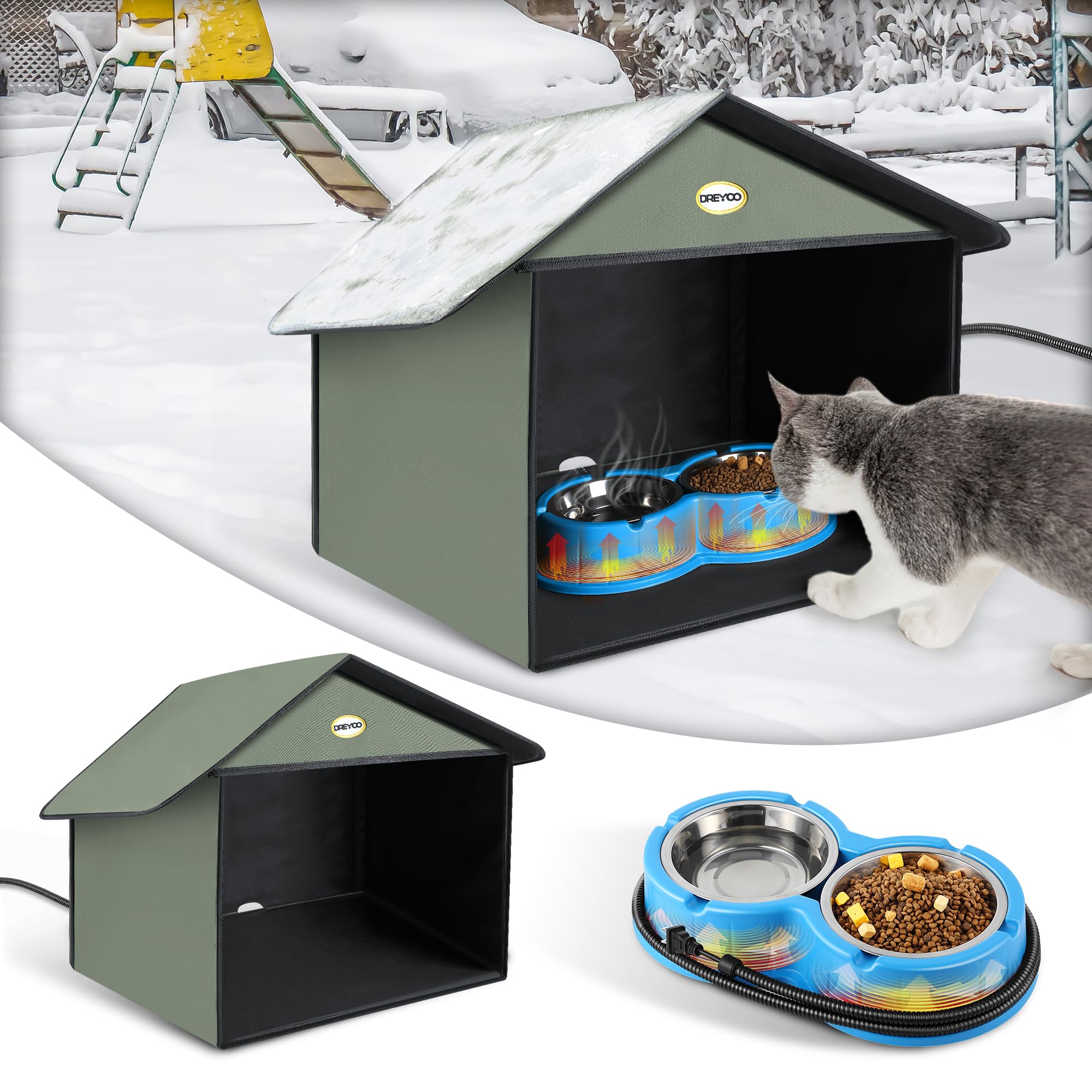 Dreyoo Outdoor Cat Feeding Station with Heated Cat Water Bowl, Weatherproof Kitty Dining Room Outdoor with Heated Pet Bowl for Food and Water, Feral