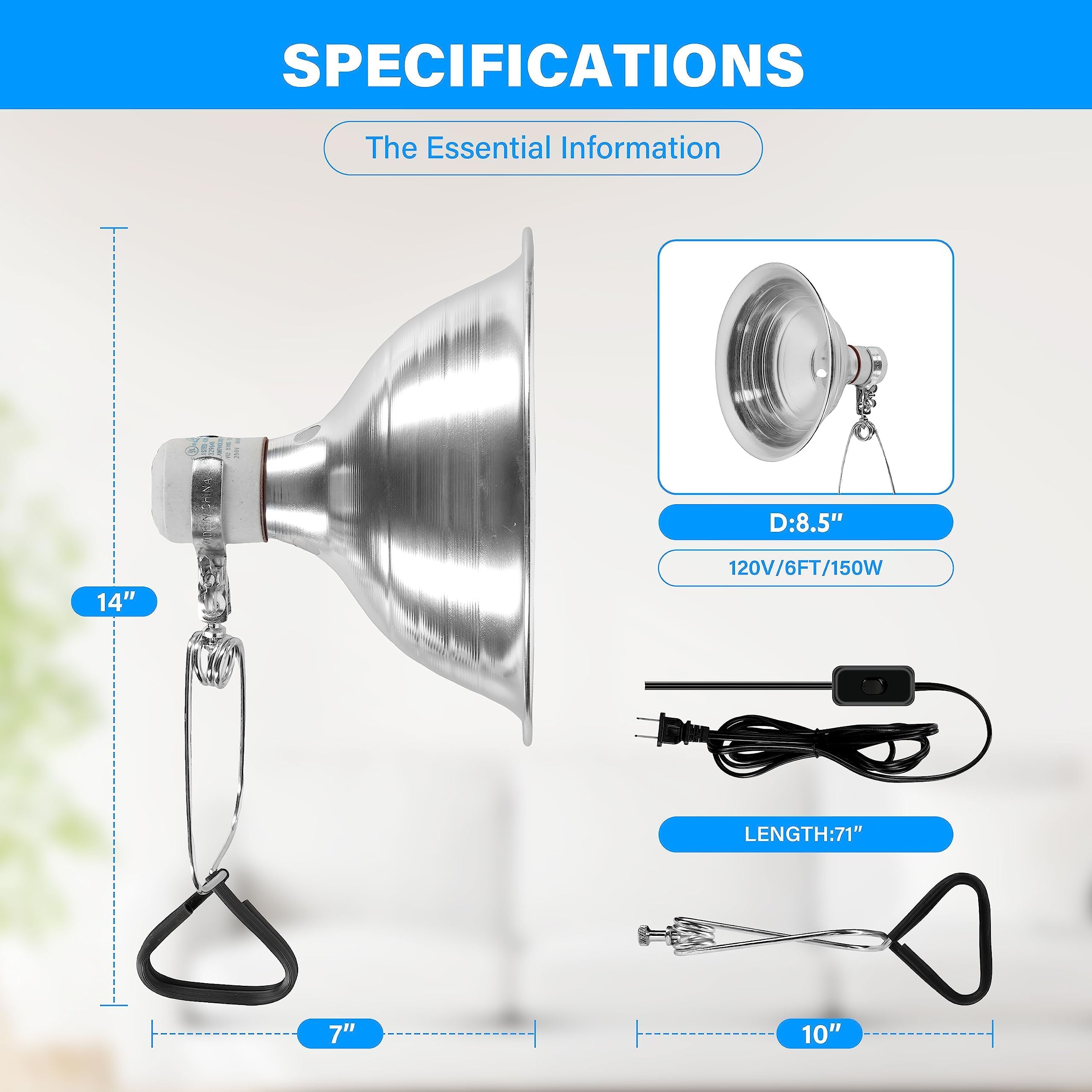 Simple Deluxe 150W Ceramic Reptile Heat Lamp Bulb & 150W Clamp Light with 8.5" Aluminum Reflector Combo for Amphibian Pets, Silver 2024 Version - image 5