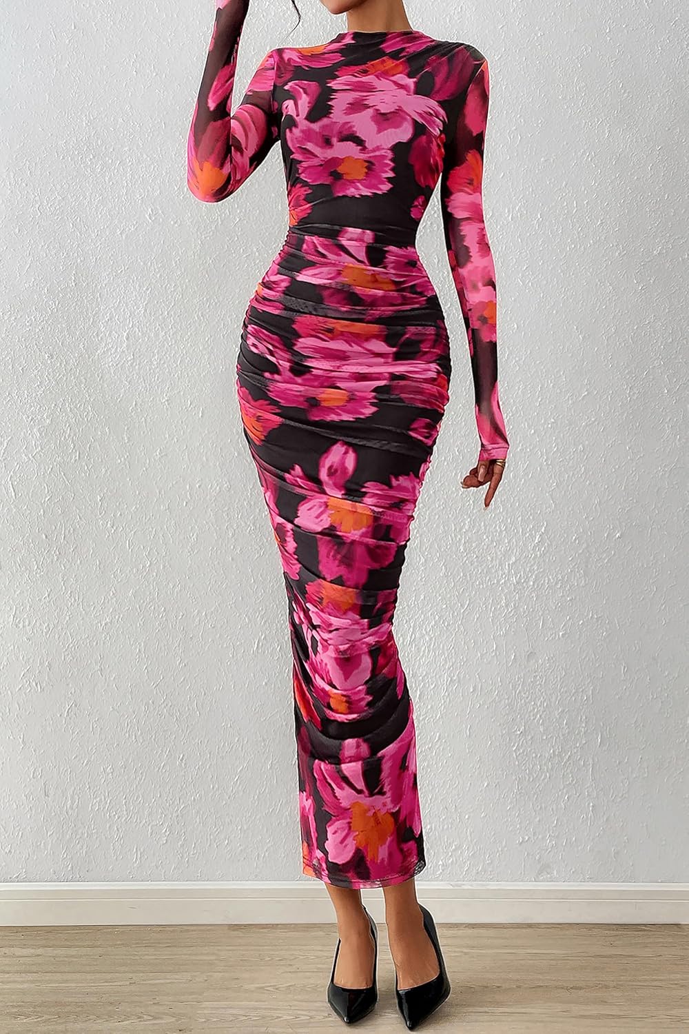 PRETTYGARDEN Womens Long Sleeve Maxi Dresses 2026 Spring Ruched Bodycon Floral Mesh Formal Wedding Guest Cocktail Party Dress - Image 6