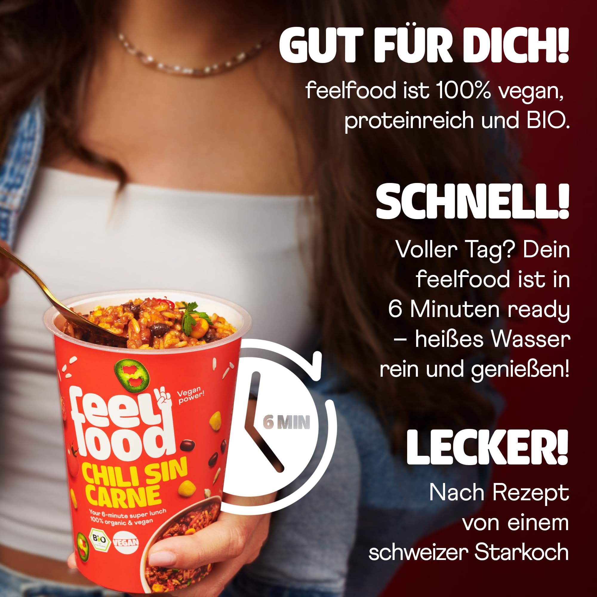 Feel Food – BIO Instant Lunch Chili Sin Carne vegan 8er Probierpaket – Fertiggericht mit Sonnenblumenprotein-Geschnetzeltem, Reis, Bohnen, Mais etc. – Schnell & sättigend – Ohne Konservierungsstoffe