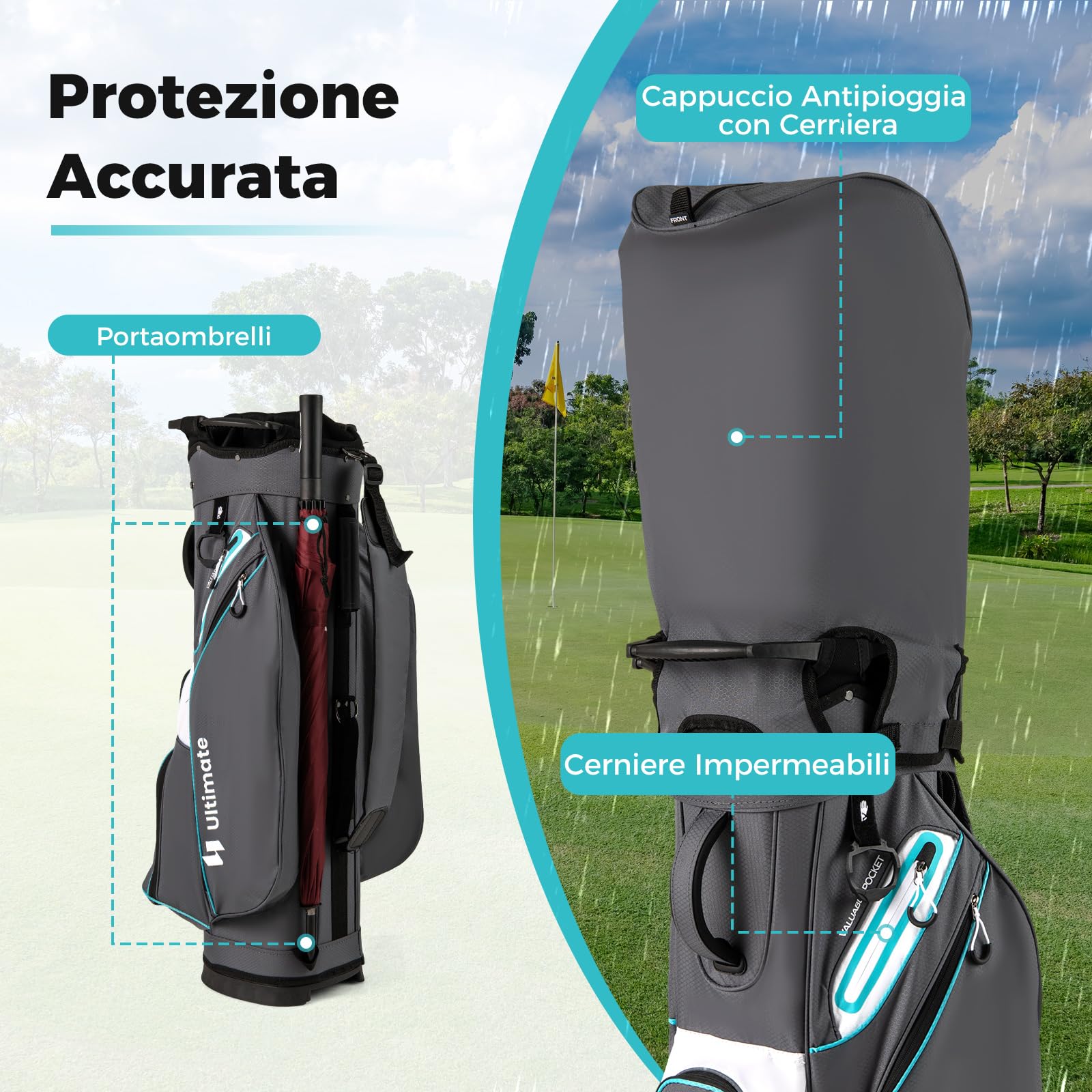 COSTWAY Borsa da Golf 14 Scomparti, Organizzatore Portatile con Tasca Frigo, Tracolla Regolabile, Cappuccio Antipioggia