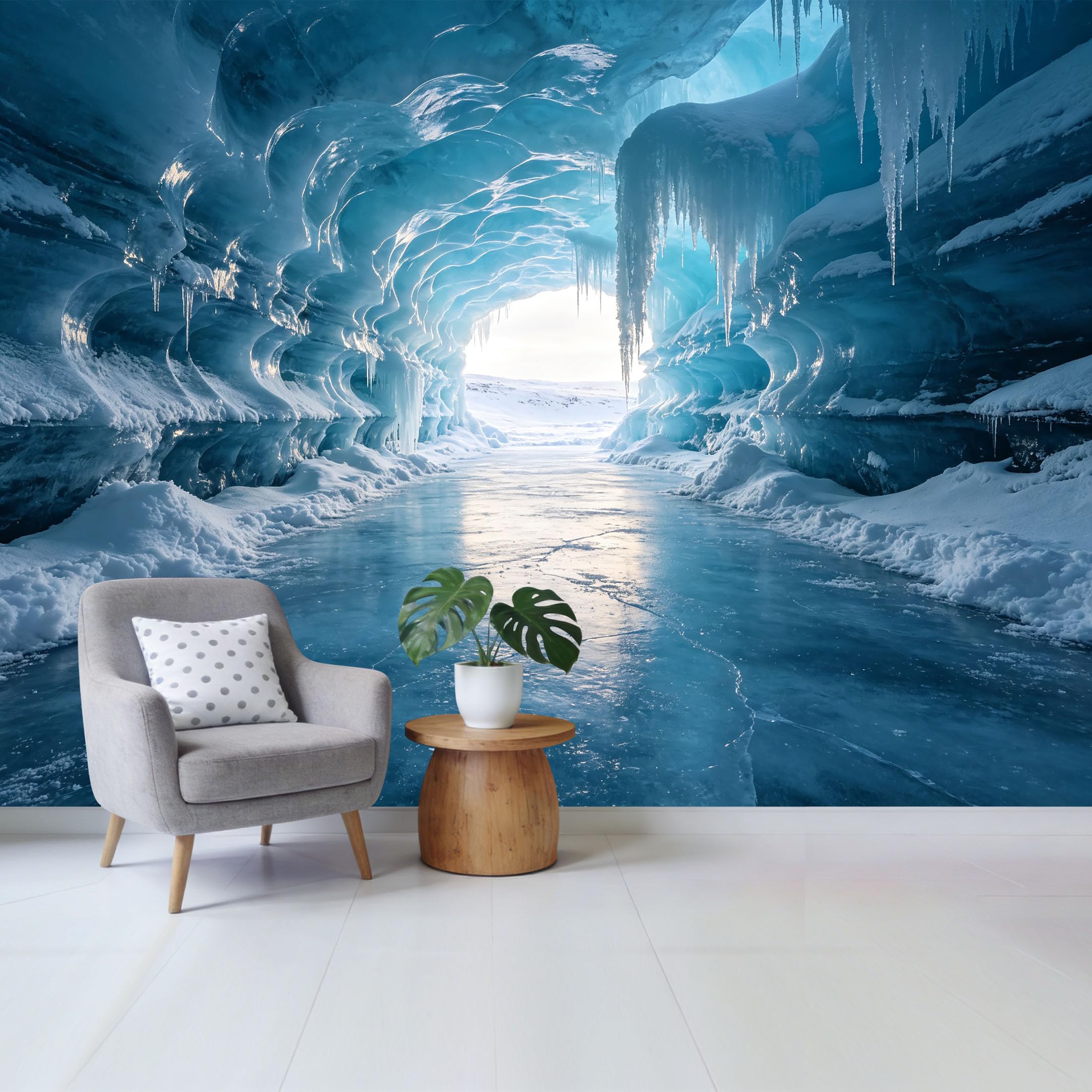 Custom Size Wall Mural Frozen Blue Ice Cave Glacier Mountain Landscape 3D Trompe L'Oeil Removable Self Adhesive Fabric， Home Wall Decor for Living Room Bedroom Bathroom