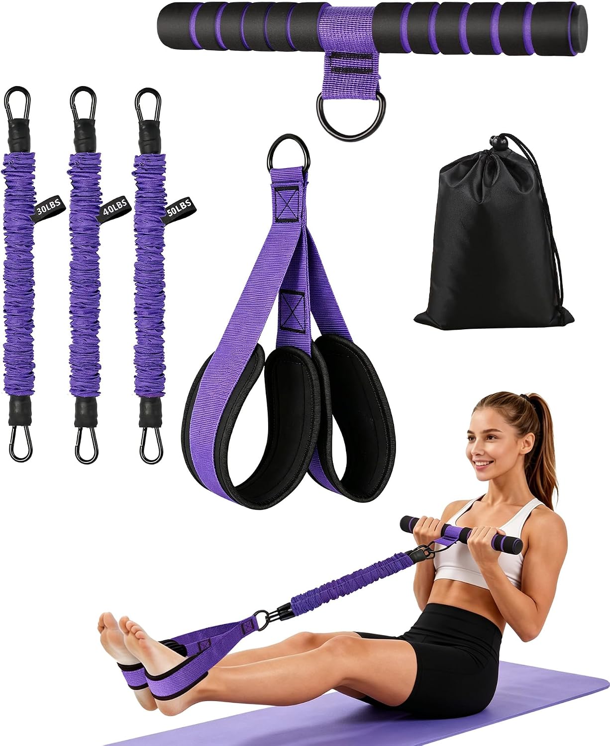 Pedal Resistance Bands with Handles, 2026 Upgraded 3 Adjustable Tubes Exercise Bands, Thickened Latex & Soft Foam Pedal for Core ABS Legs Arms, Physical Therapy Pilates, Sit Up Home Fitness for Women