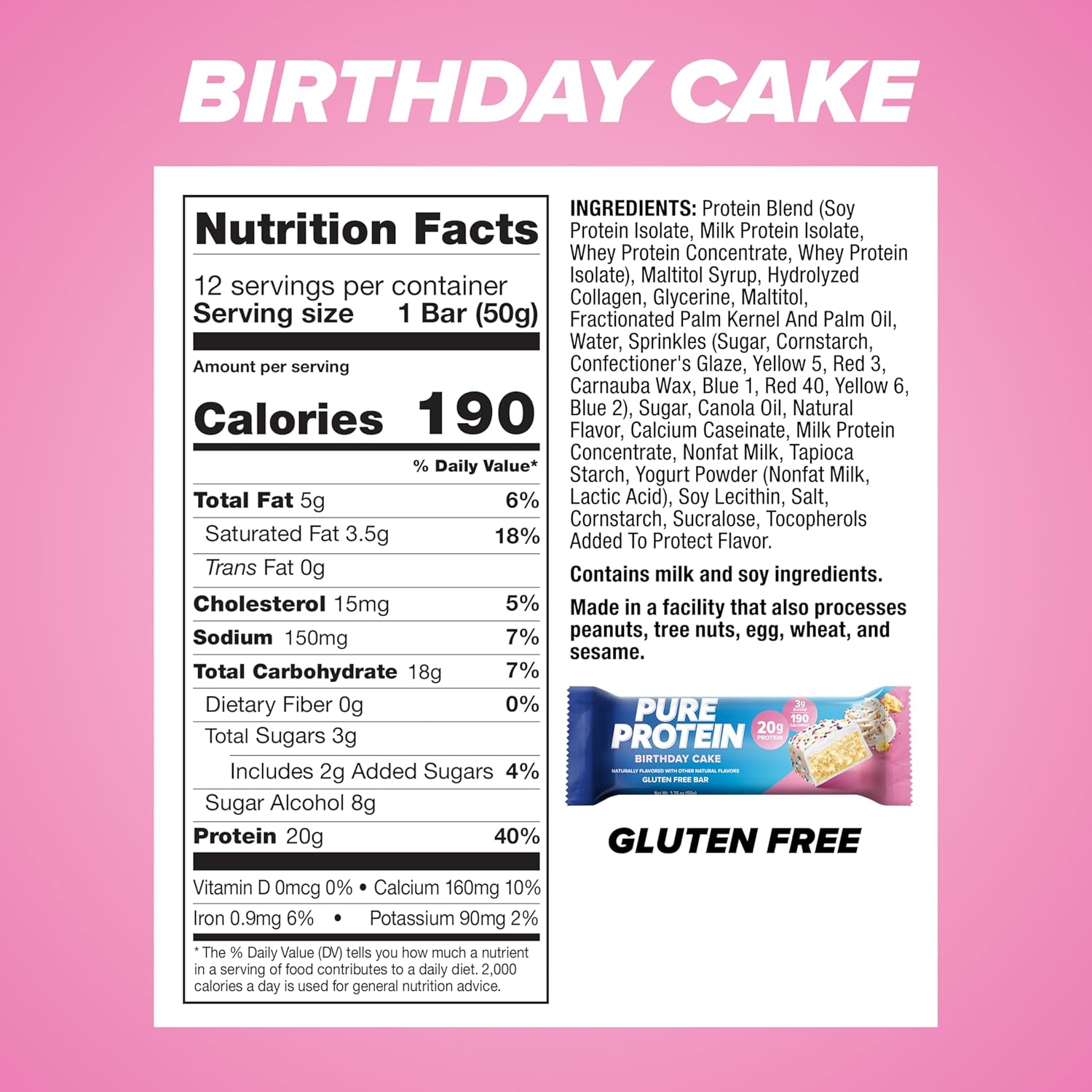 Pure Protein Birthday Cake Protein Bars – 20g Protein, 3g Sugar, 190 Calories (12 count) Low Sugar* High Protein Snack - Gluten Free - Perfect for a Healthy Snack