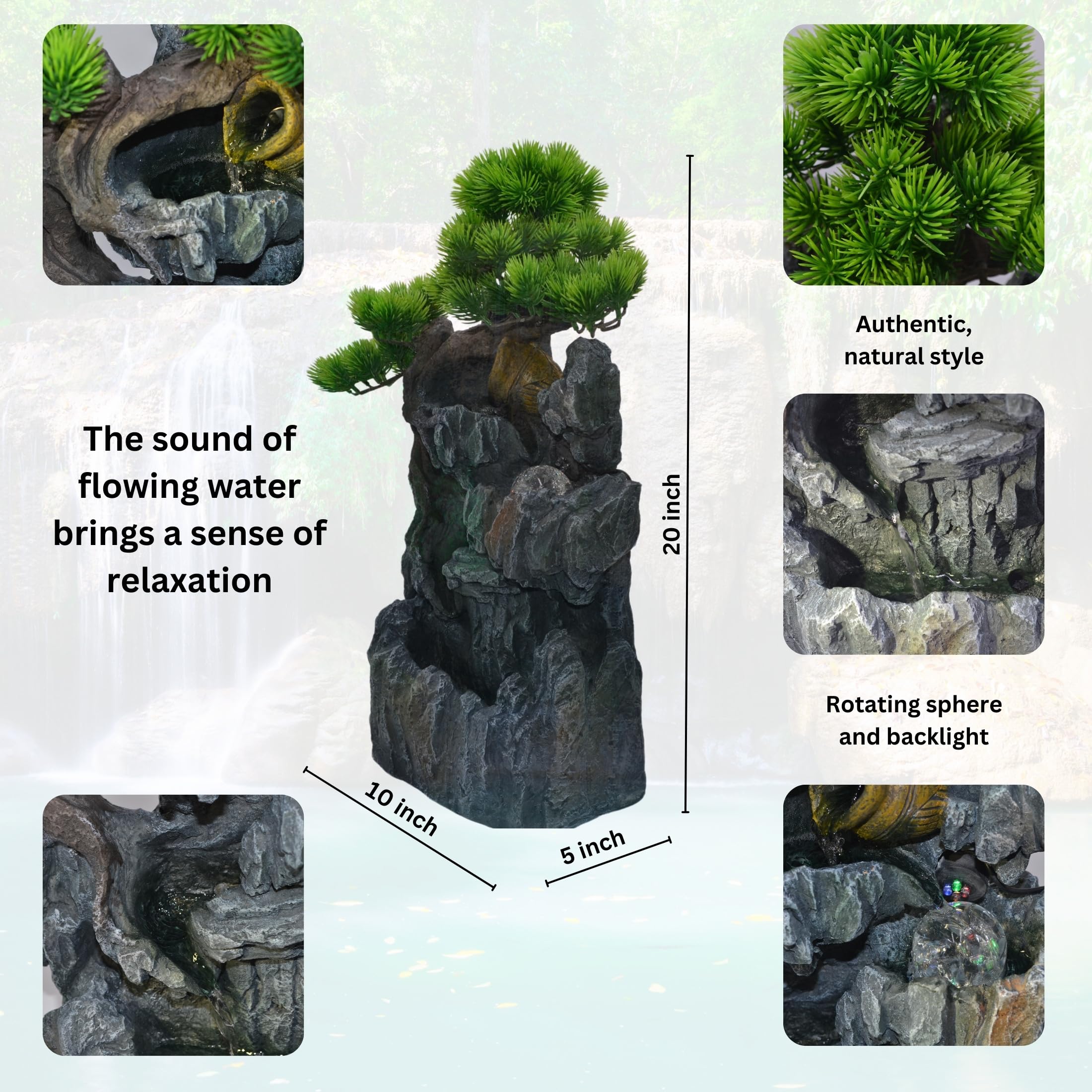 20-Inch Tabletop Water Fountain with Bonsai Tree, Cascading Waterfall, Spinning Crystal Ball, and LED Lighting – Indoor Zen Decorative Fountain with USB Connection for Home or Office