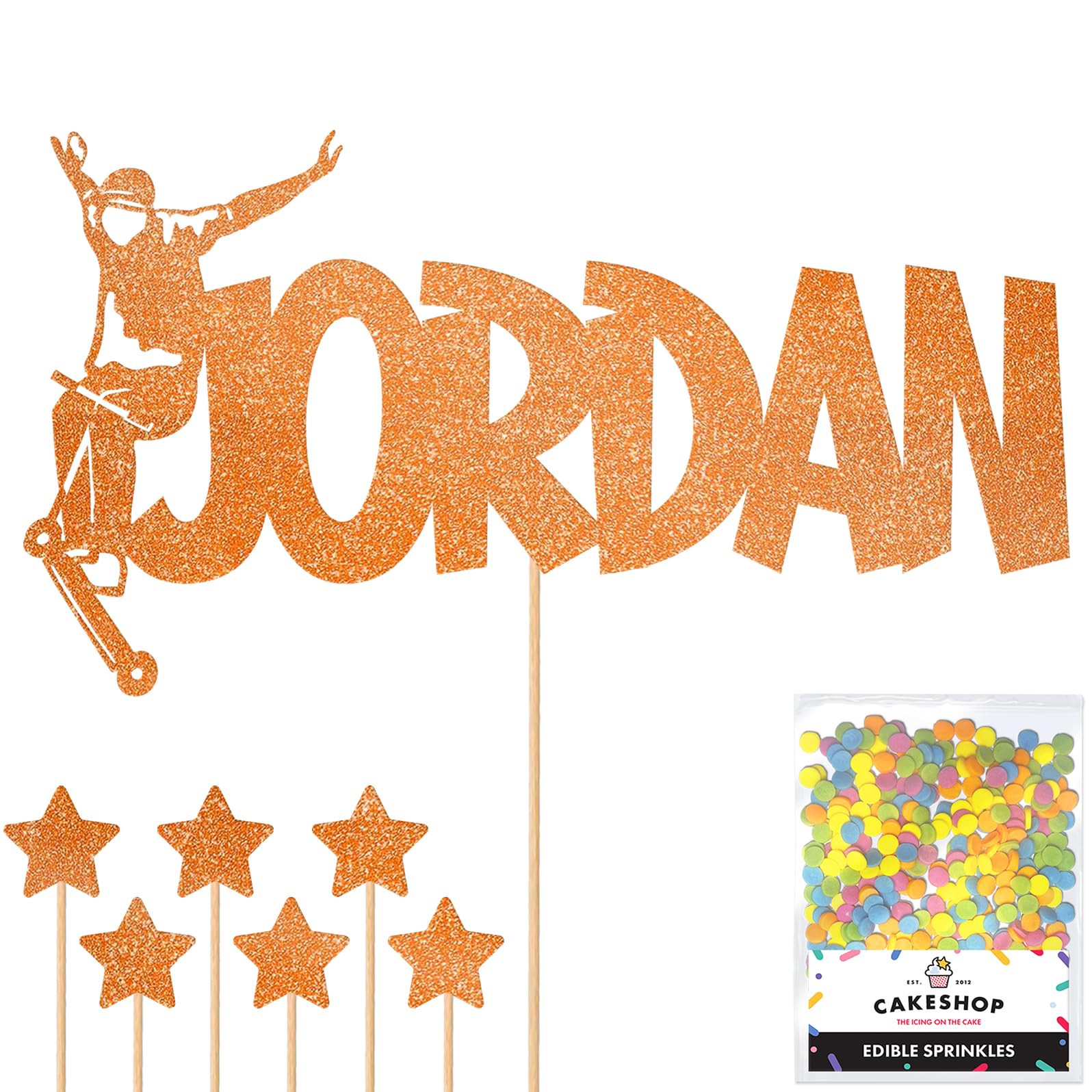 Personalised No Hander Trick Stunt Scooter Glitter Cake Topper - Orange Custom Name Glitter Cake Decoration and Sprinkles - Happy Birthday Decorations - Personalised Toppers for Cakes by Cakeshop