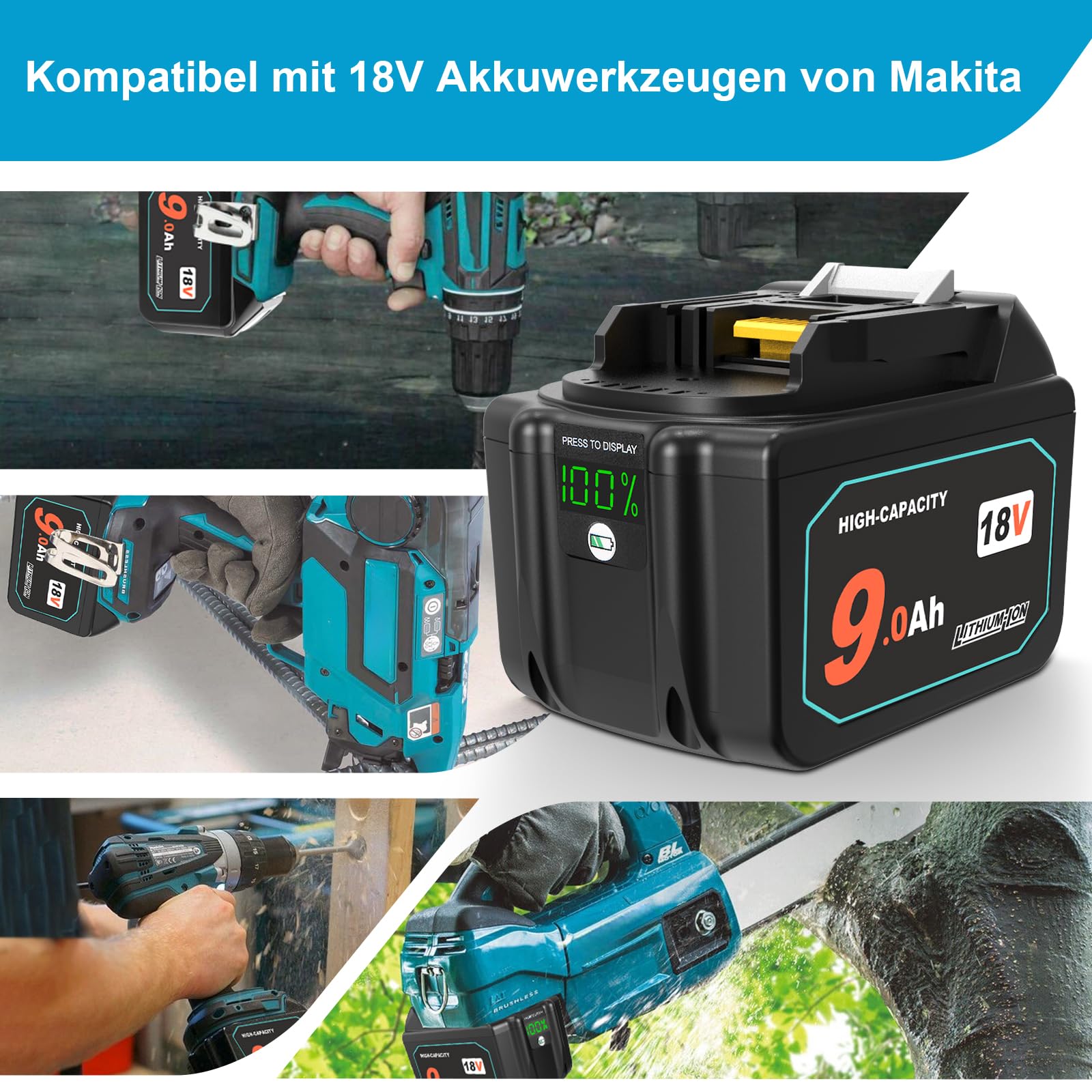 QUPERR 18V 9000mAh Ersatzakku für Makita 18V Akku Werkzeuge | Mit LED-Ladeanzeige, hoher 9,0Ah Kapazität und Mehrfachschutz für längere Laufzeit und zuverlässige Leistung