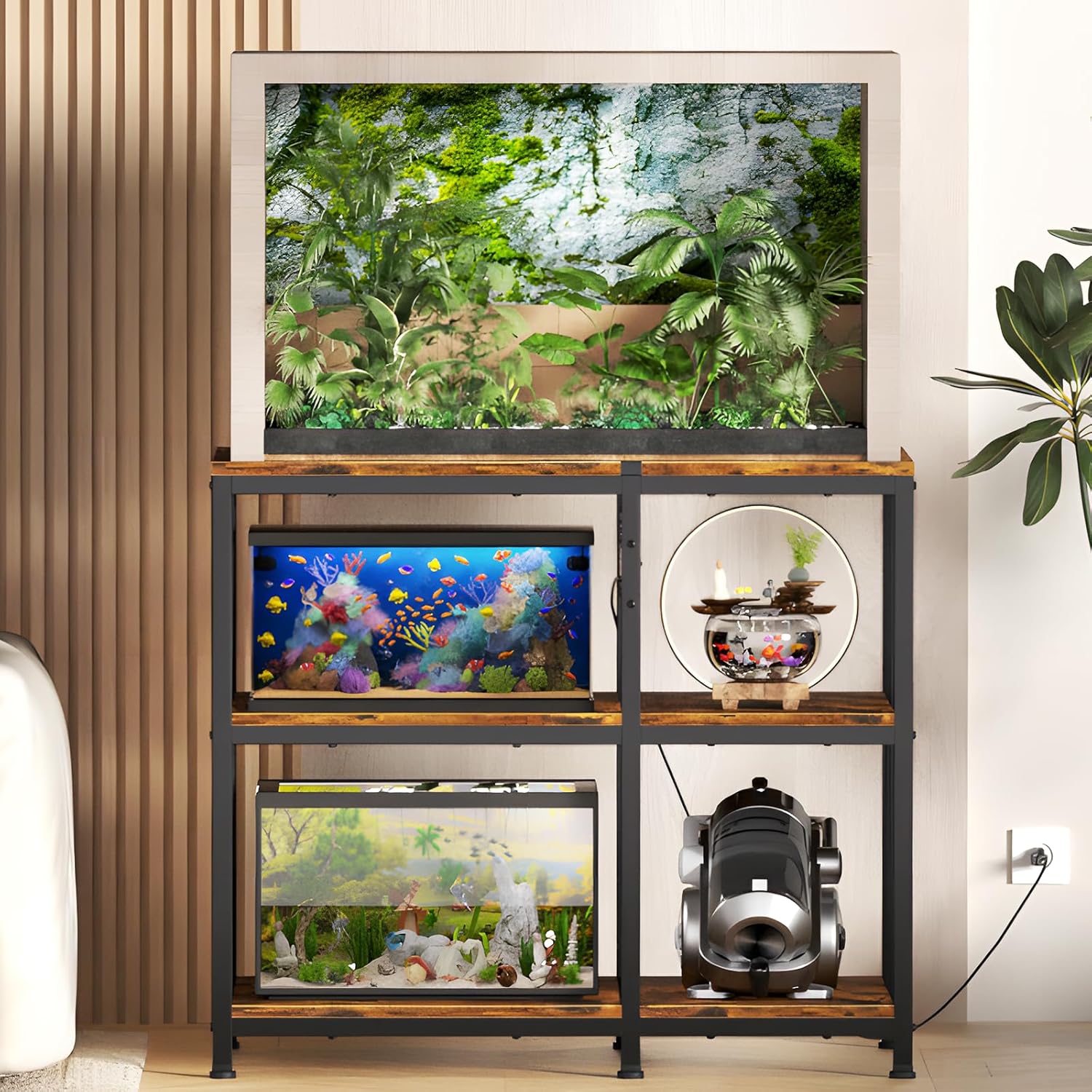 Reinforced 40-50 Gallon Aquarium Stand with Power Outlet, Ultra-Stable 720LBS Capacity Metal Fish, Tank Stand for Reptile/Aquatic Setups, 5-Tier Adjustable 37"x19" Steel Shelving System