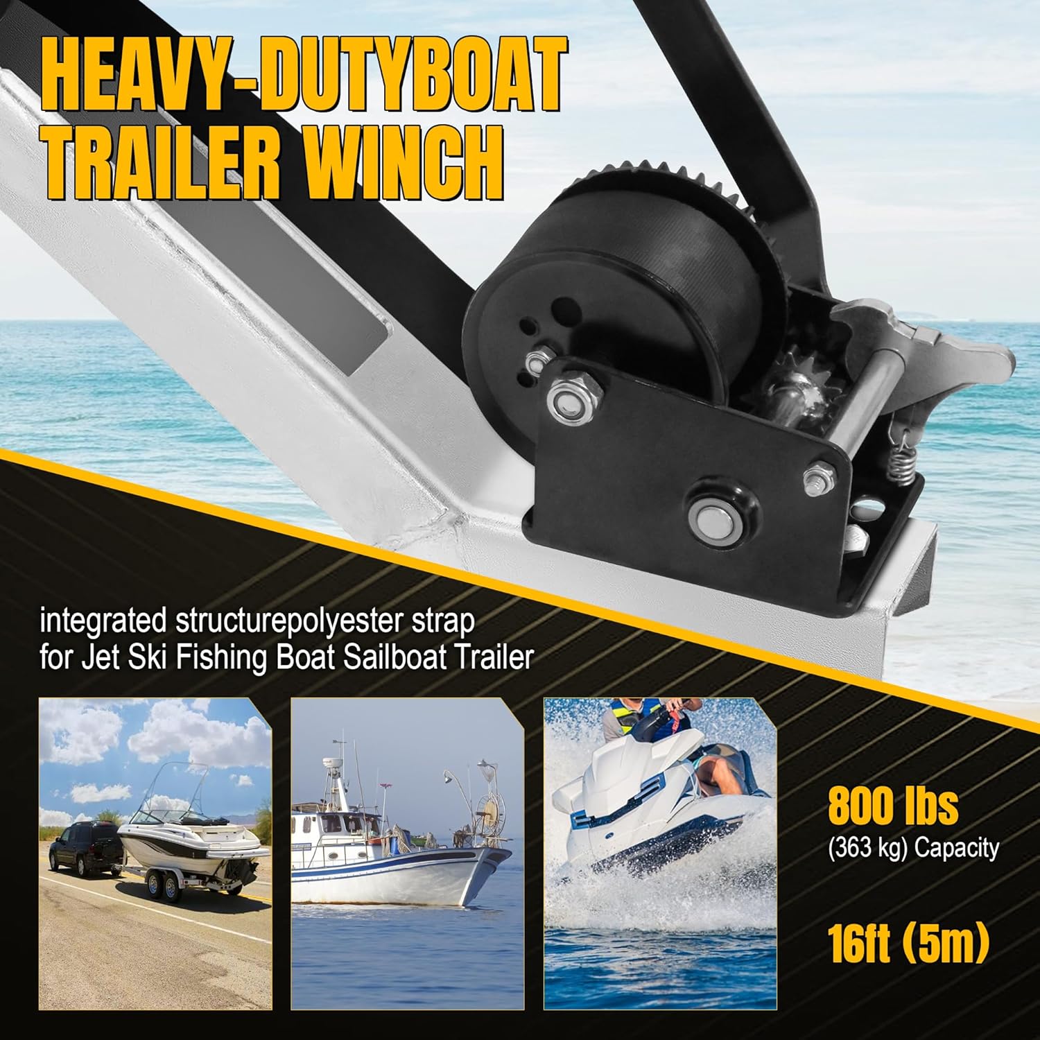 BDI Wear Part 2Pk Boat Winch,800lbs Hand Boat Trailer Winch Rope Crank with 16 ft(5M) Polyester Strap and Two-Way Ratchet, Manual Operated Hand Crank Winch for Boat, Truck, Trailer, RV, ATV, Jet Ski