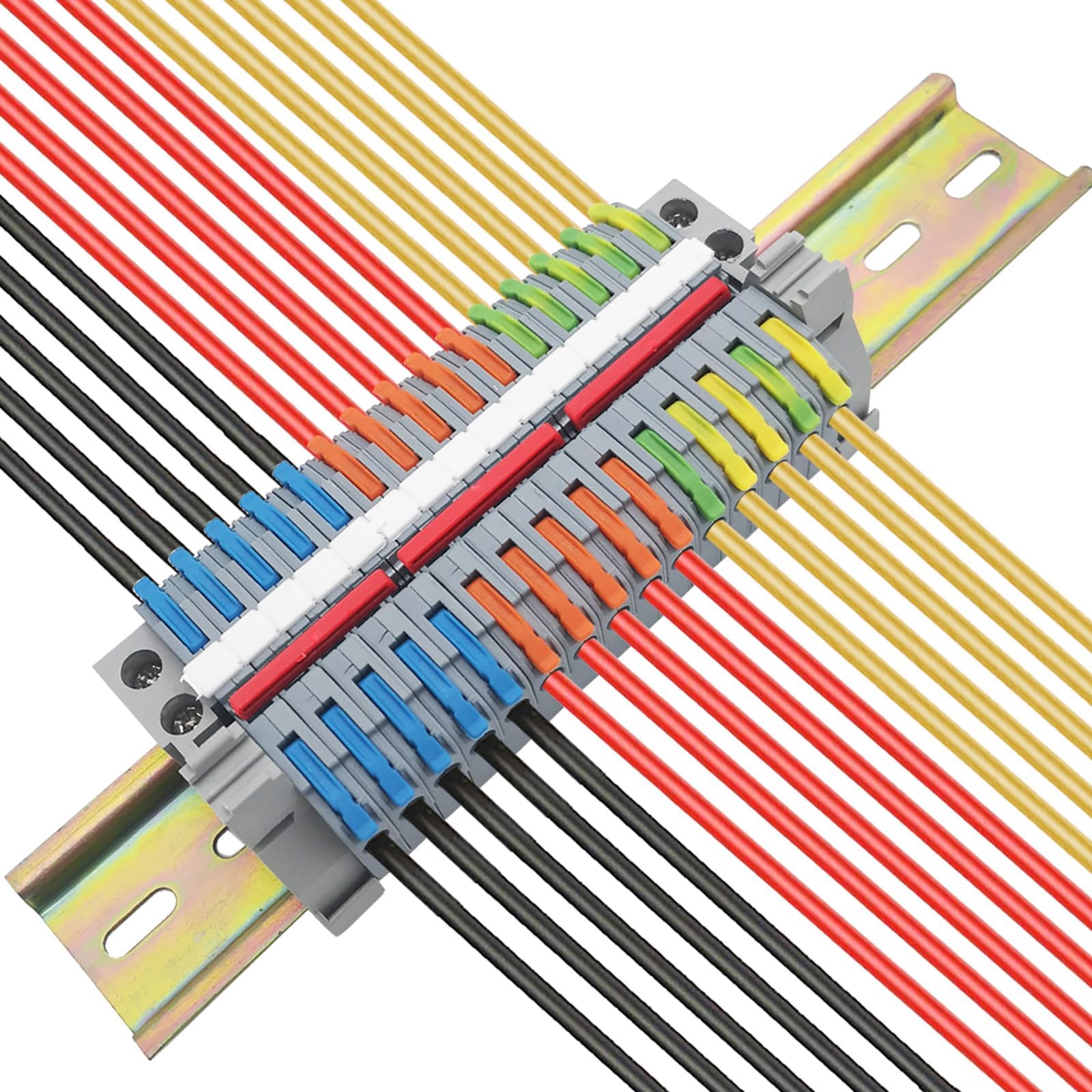 CTRICALVER DIN Rail Terminal Block Kit, 15 Pcs Electrical Connector with Operation Lever (Blue, Red, Green), with Digital Marking and Connection Strip 3 Pcs (5 Pin), Fixed Module 2 Pcs