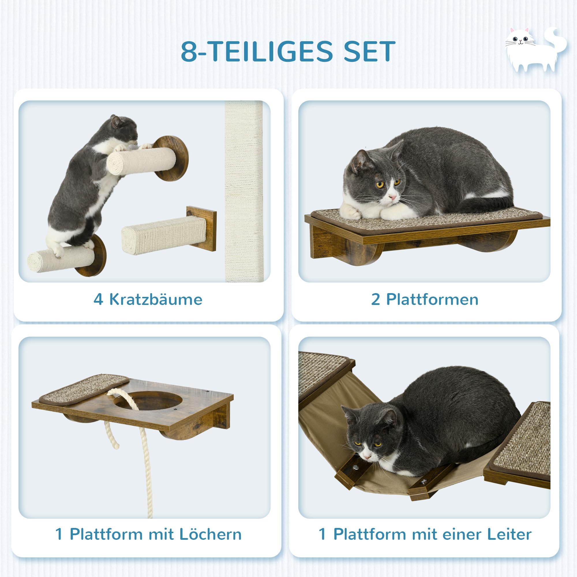 PawHut Kletterwand Katzen 8-teilig mit Kratzbäumen bis zu 5 kg Braun
