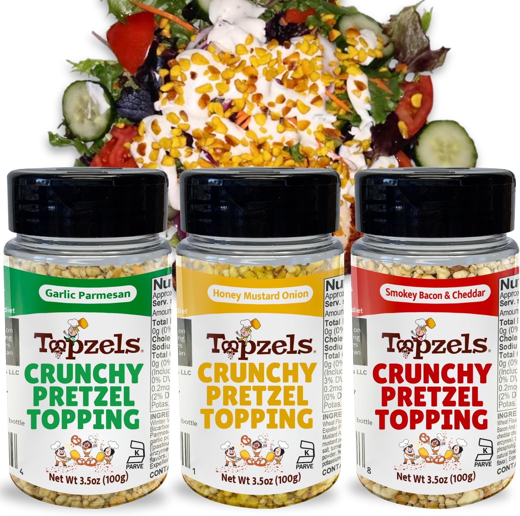 Savory Salad and Baked Potato Toppings by Topzels, Savory Variety - Includes Three Flavors | 3.5 Oz (Pack of 3) | No Artificial Flavors, Colors or Preservatives, Crushed Pretzels, Adds Crunch & Bold Flavor
